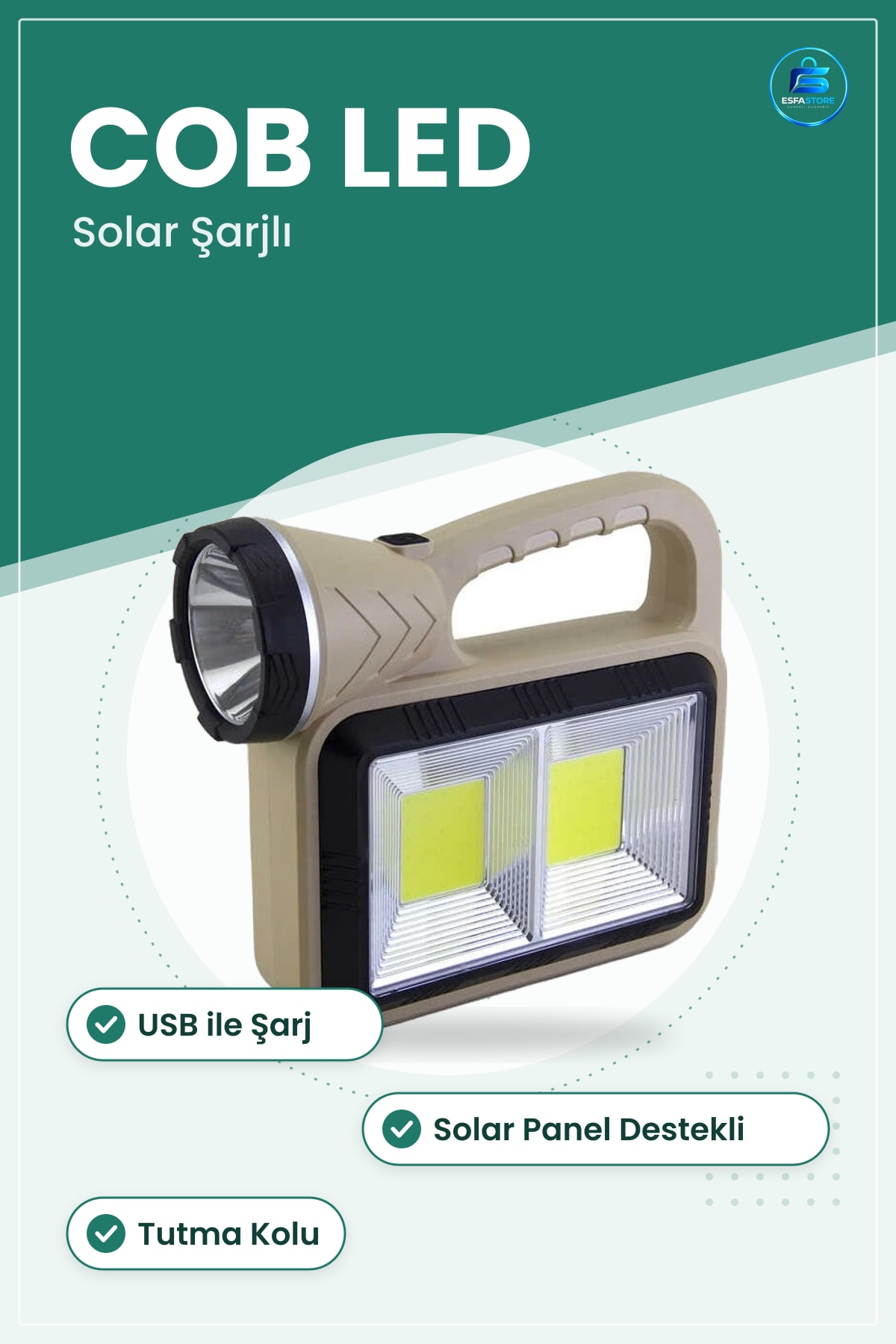 USB Solar Şarjlı El Feneri Kamp Acil Durum İçin COB Işıklı Taşınabilir Dış Mekan Aydınlatma
