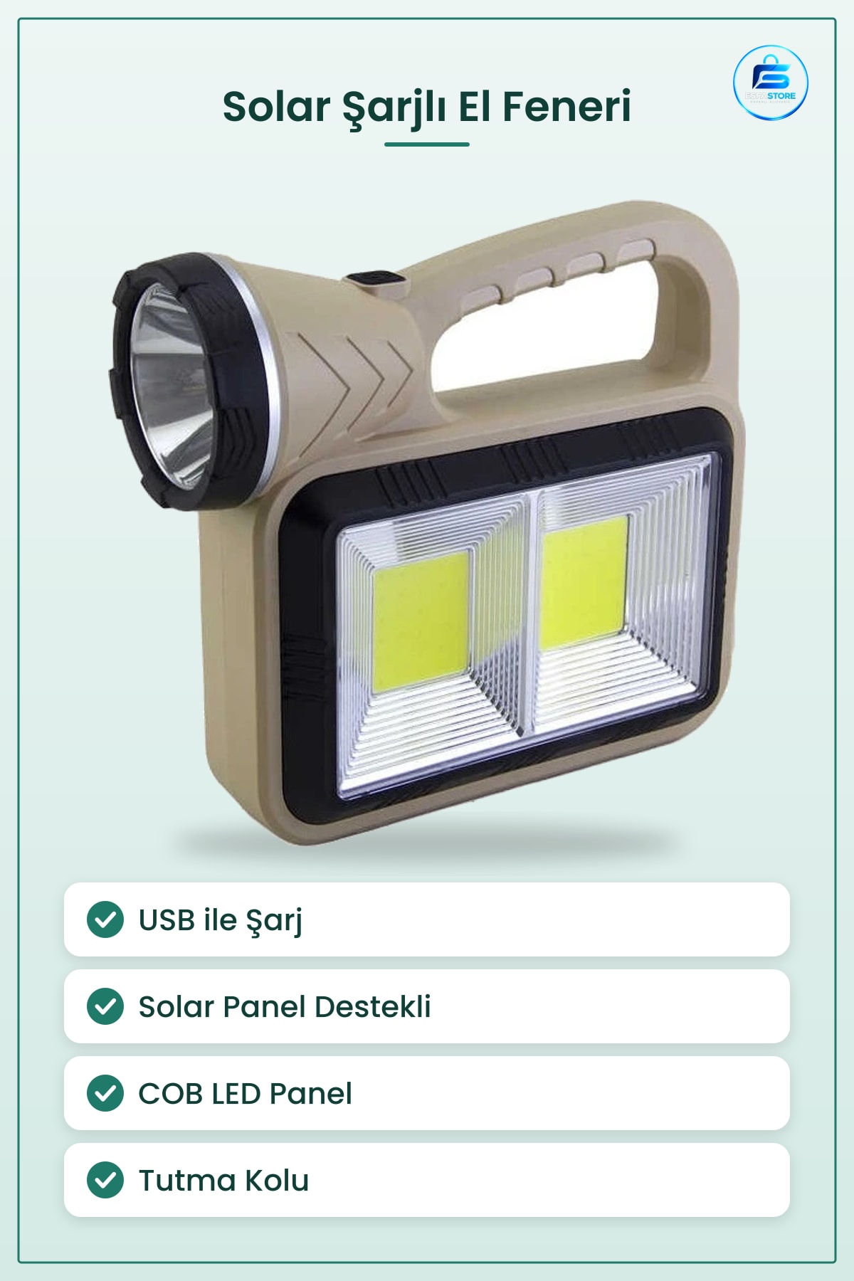 USB Solar Şarjlı El Feneri Kamp Acil Durum İçin COB Işıklı Taşınabilir Dış Mekan Aydınlatma