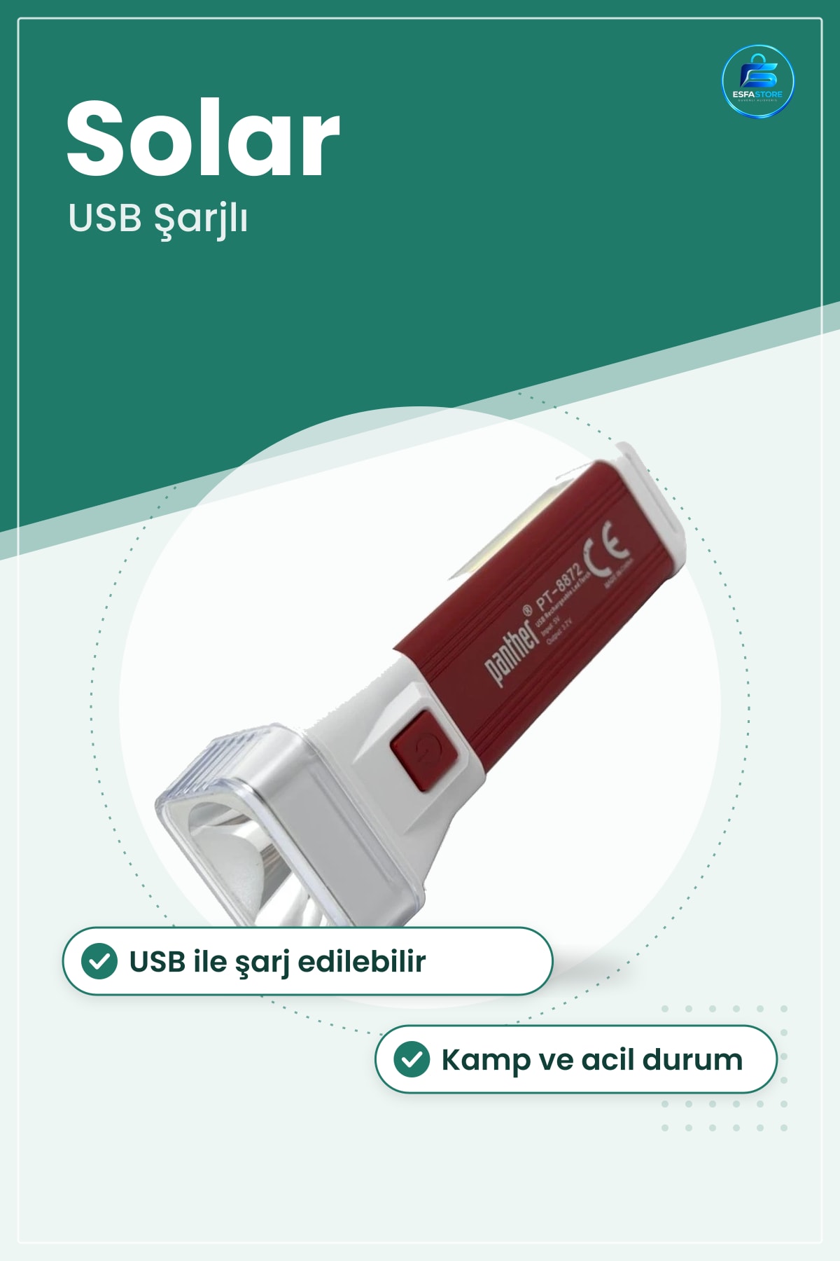 El Feneri USB Şarjlı Solar LED Taşınabilir Kamp Acil Durum Aydınlatma Lambası Pratik