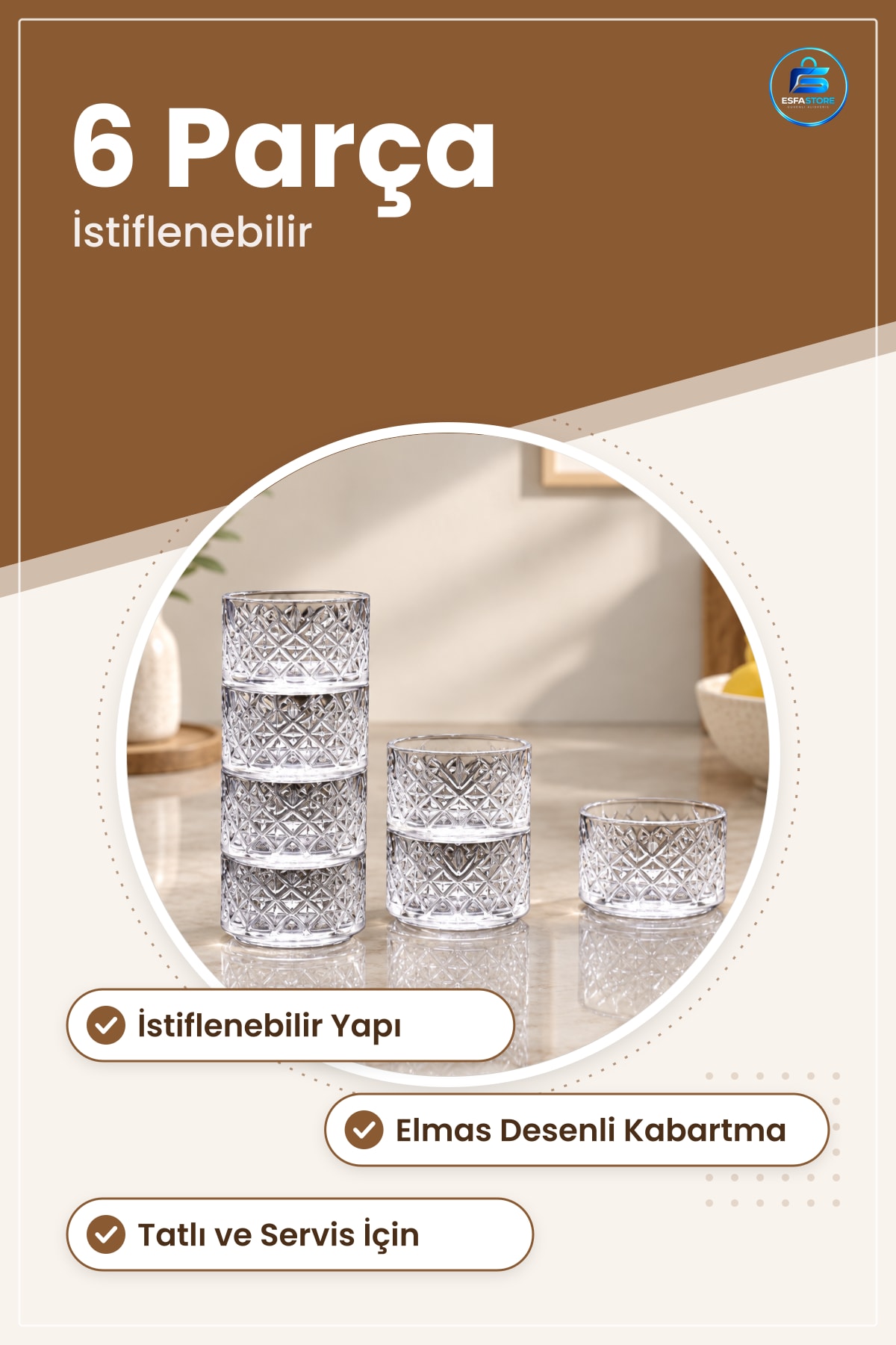 Şeffaf Kase 6 Parça İstiflenebilir Desenli Set Mutfak Servis Tatlı Çerez Sunum Kabı