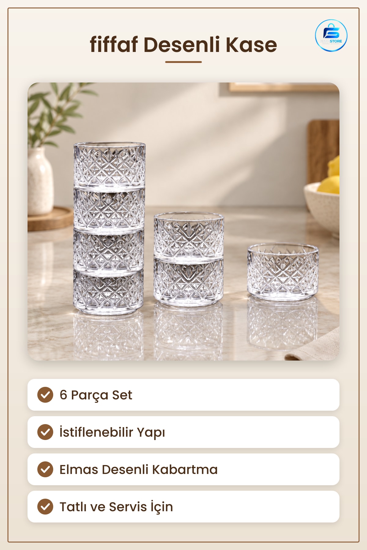 Şeffaf Kase 6 Parça İstiflenebilir Desenli Set Mutfak Servis Tatlı Çerez Sunum Kabı