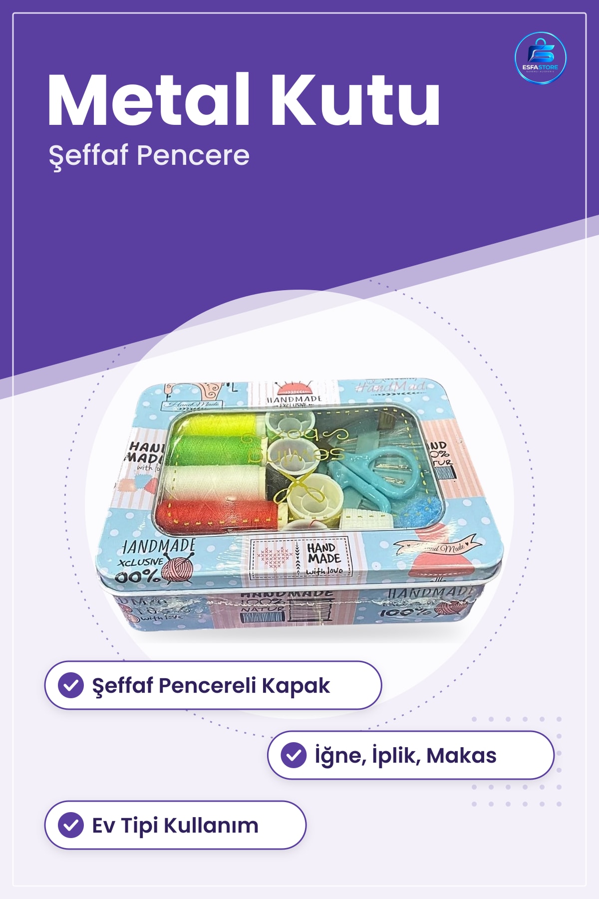 Dörtgen Metal Kutulu Dikiş Seti El İşi Malzemesi İğne İplik Makas Ev Tipi Pratik Kullanım