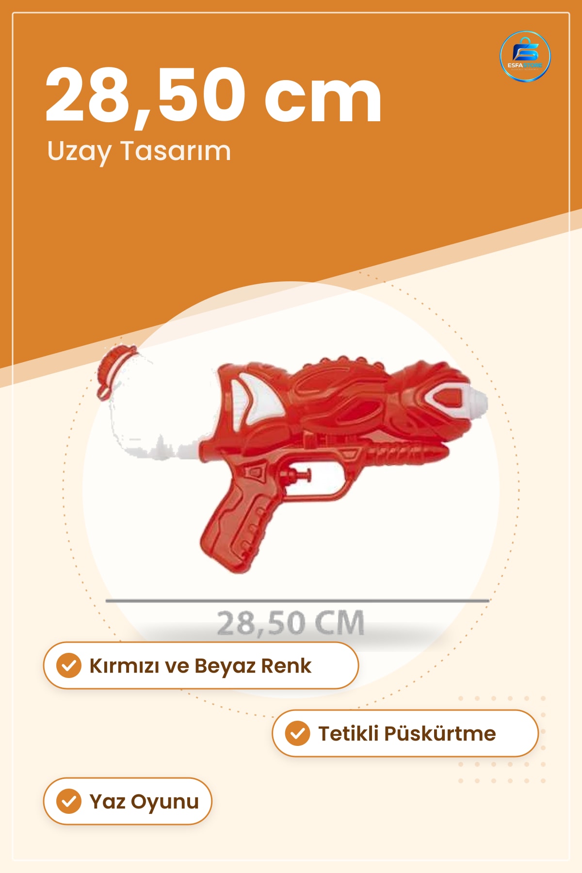 Su Tabancaı Küçük Uzay Tasarım Oyuncak 28,50 cm Kırmızı Beyaz Çocuk Yaz Oyunu Eğlence