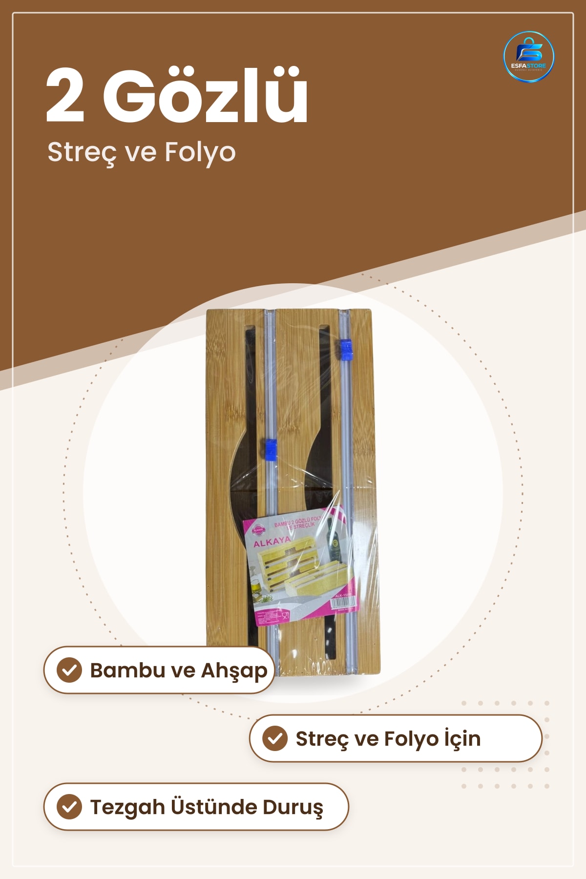 Bambu Ahşap Streç ve Folyo Oluk Mutfak Düzenleyici 2 Gözlü Streçlik Aparatı Saklama