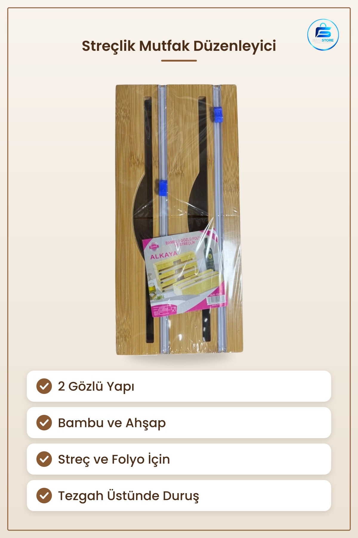 Bambu Ahşap Streç ve Folyo Oluk Mutfak Düzenleyici 2 Gözlü Streçlik Aparatı Saklama