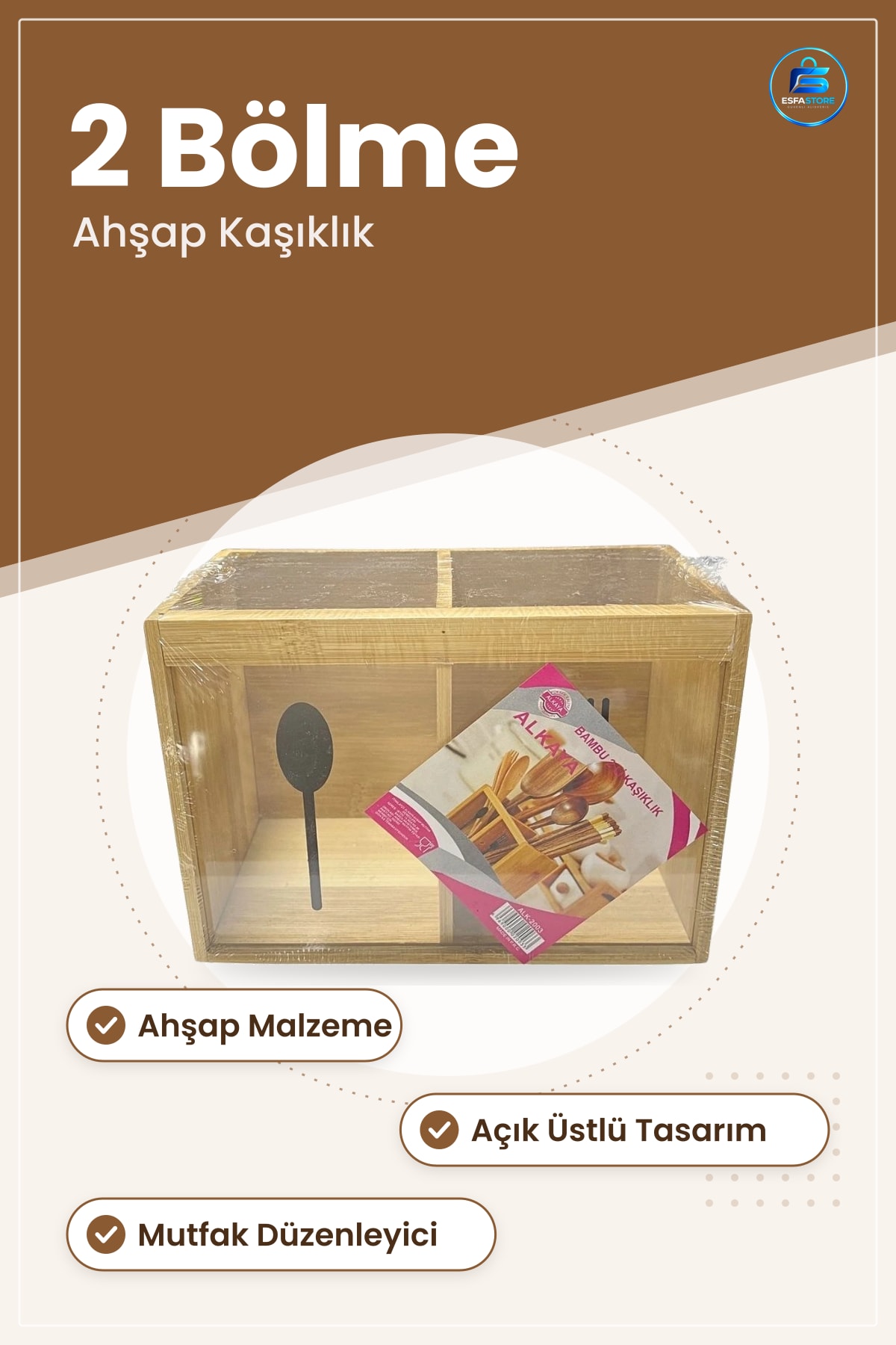 2 Bölmeli Ahşap Kaşıklık Bambu Mutfak Düzenleyici Çekmece Organizeri Kaşık Saklama Kabı