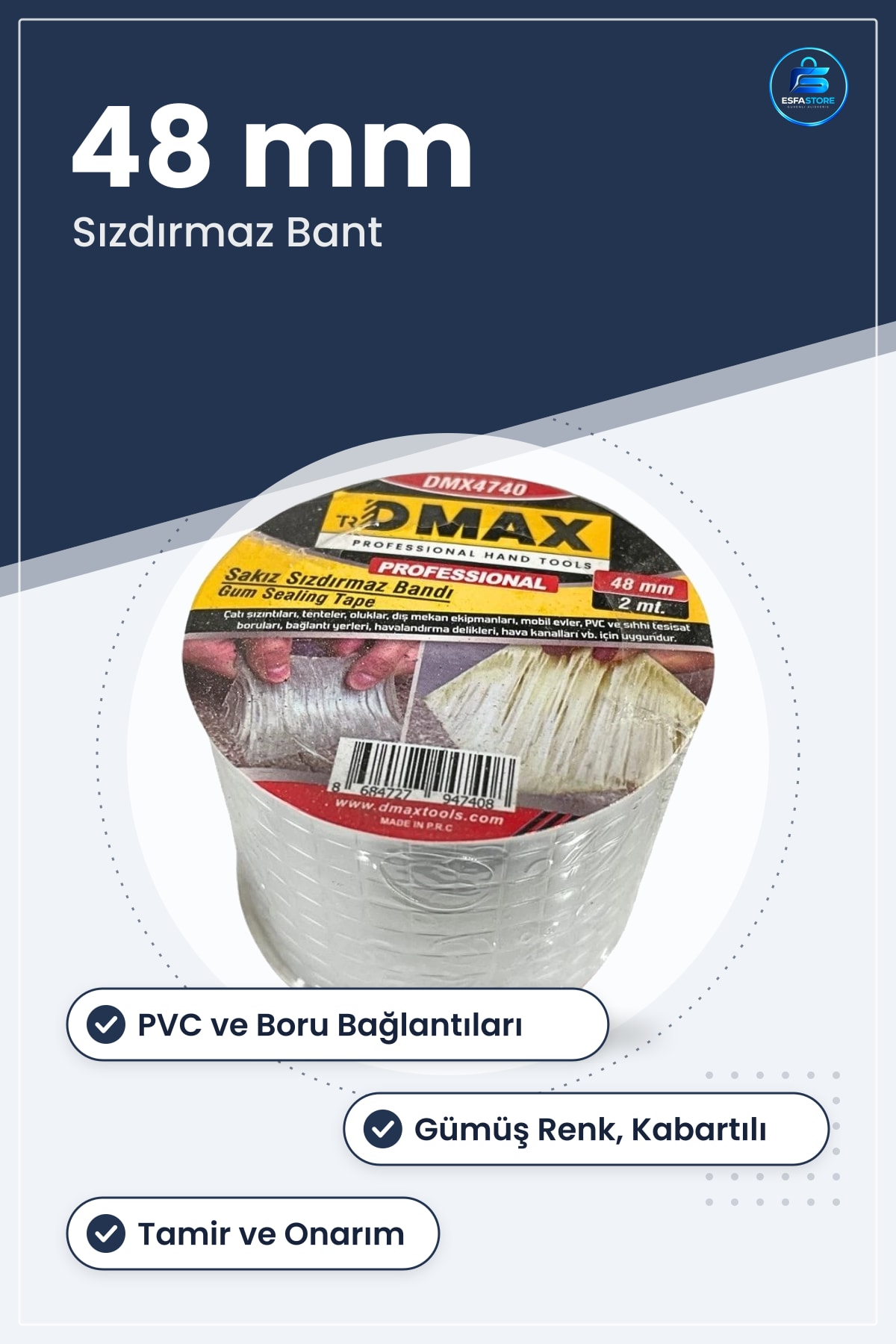 Sızdırmaz Sakız Bant 48 mm x 2 m Çatı Tesisat Boru Onarım Tamir Hırdavat Yapıştırıcı Su Kaçağı