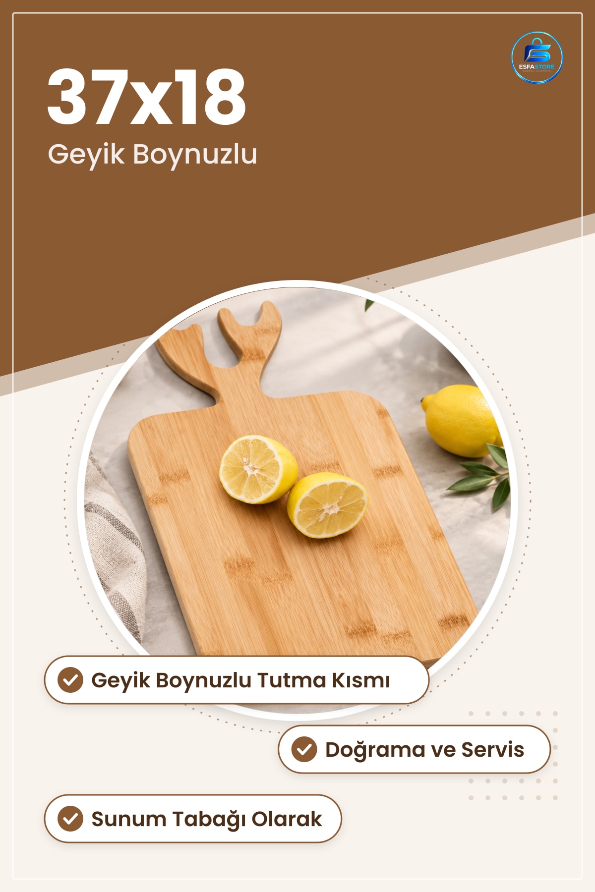 Kesme Tahtası Geyik Boynuzlu Ahşap Kesim Panosu Mutfak Servis Doğrama Sunum Kullanışlı