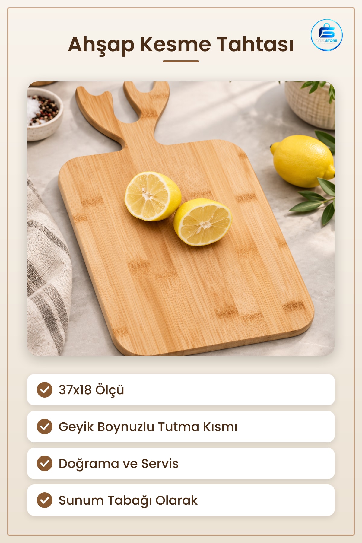 Kesme Tahtası Geyik Boynuzlu Ahşap Kesim Panosu Mutfak Servis Doğrama Sunum Kullanışlı