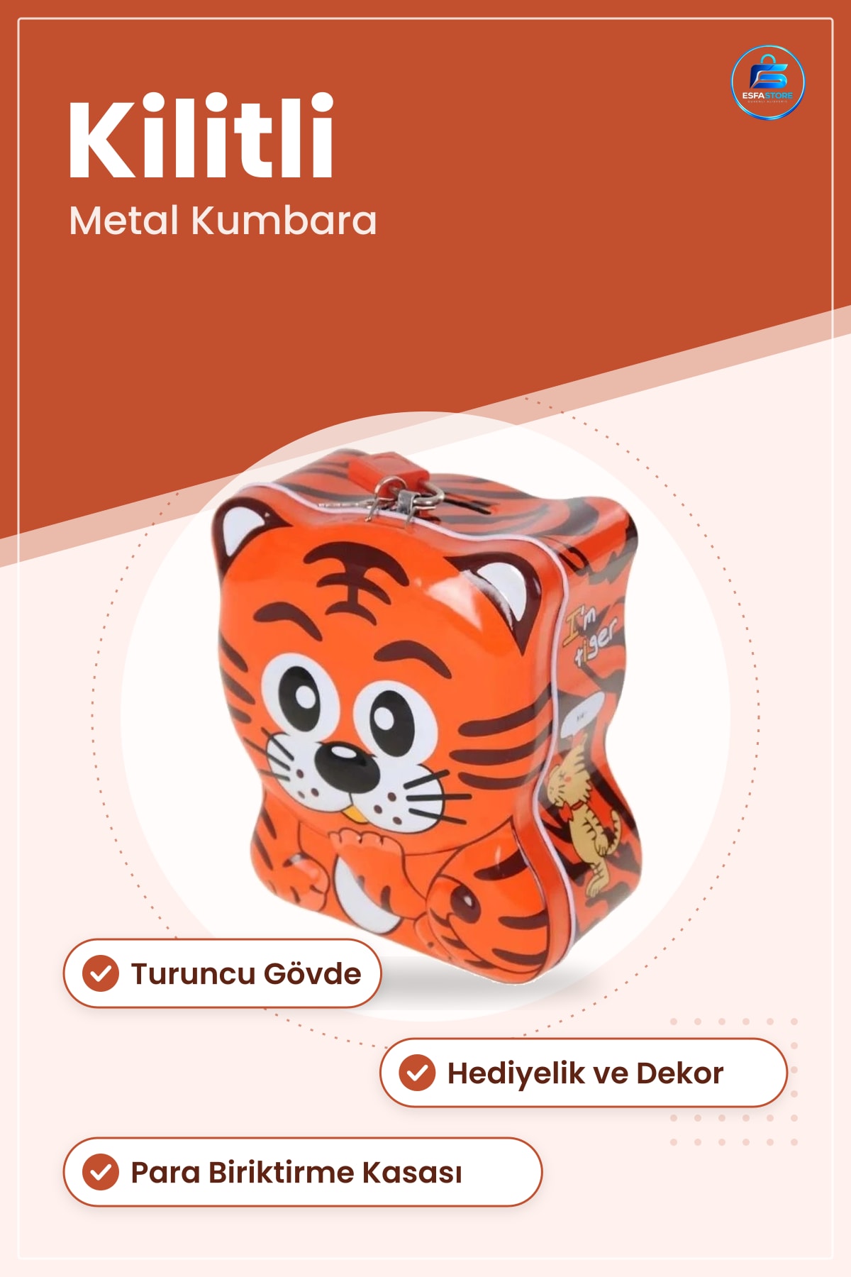 Kaplan Figürlü Metal Kilitli Kumbara Para Biriktirme Kasası Hediyelik Ev Dekoru Turuncu