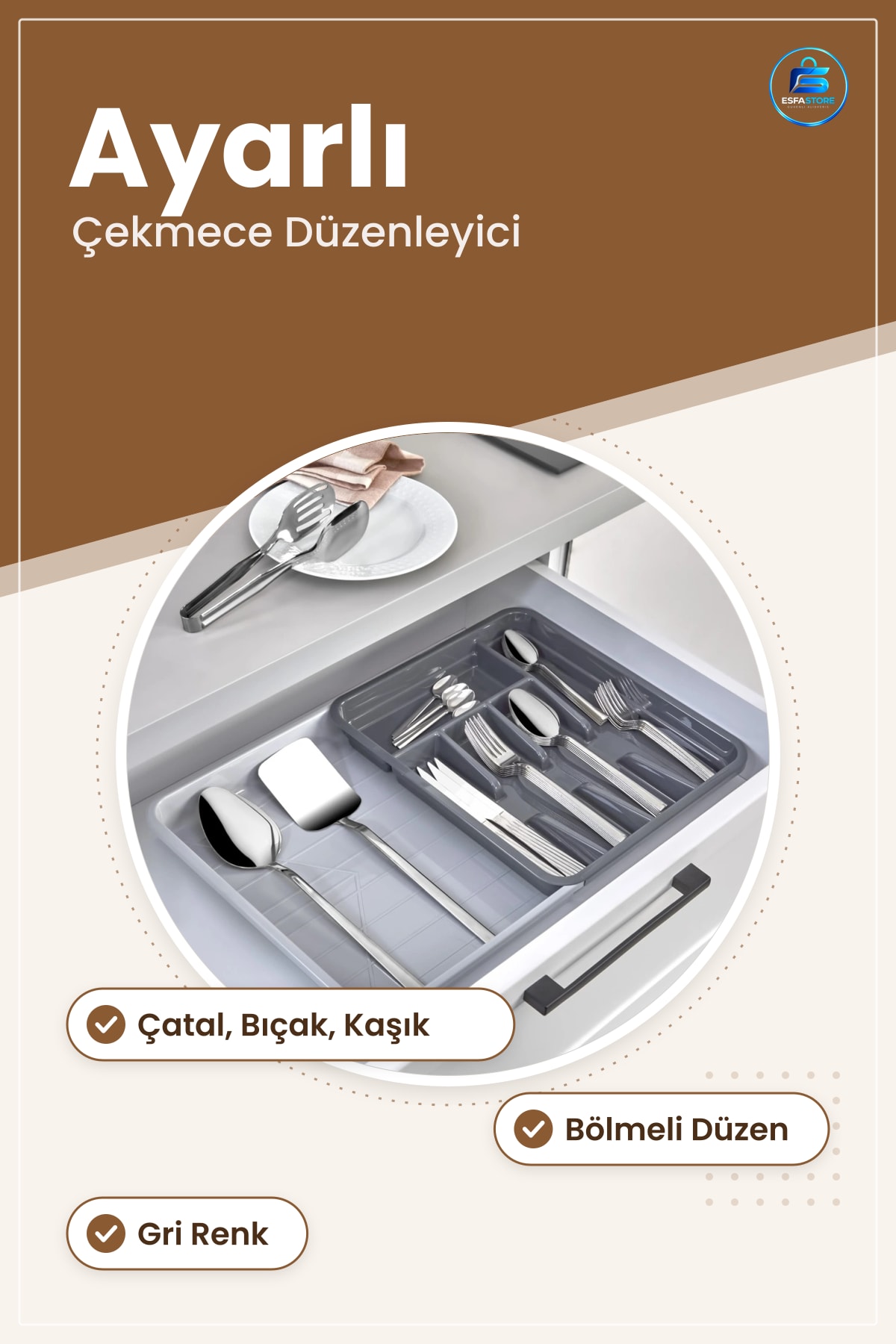 Ayarlı Kaşıklık Çekmece Düzenleyici Mutfak Çatal Bıçak Kaşık Saklama Gri Organizer Tepsi