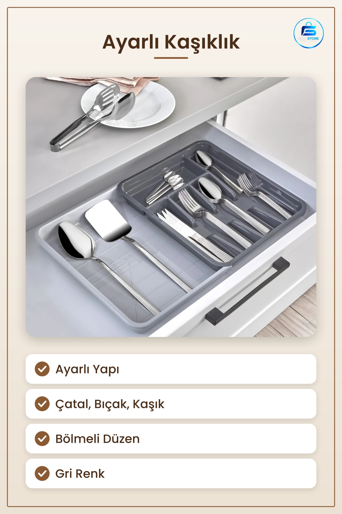 Ayarlı Kaşıklık Çekmece Düzenleyici Mutfak Çatal Bıçak Kaşık Saklama Gri Organizer Tepsi