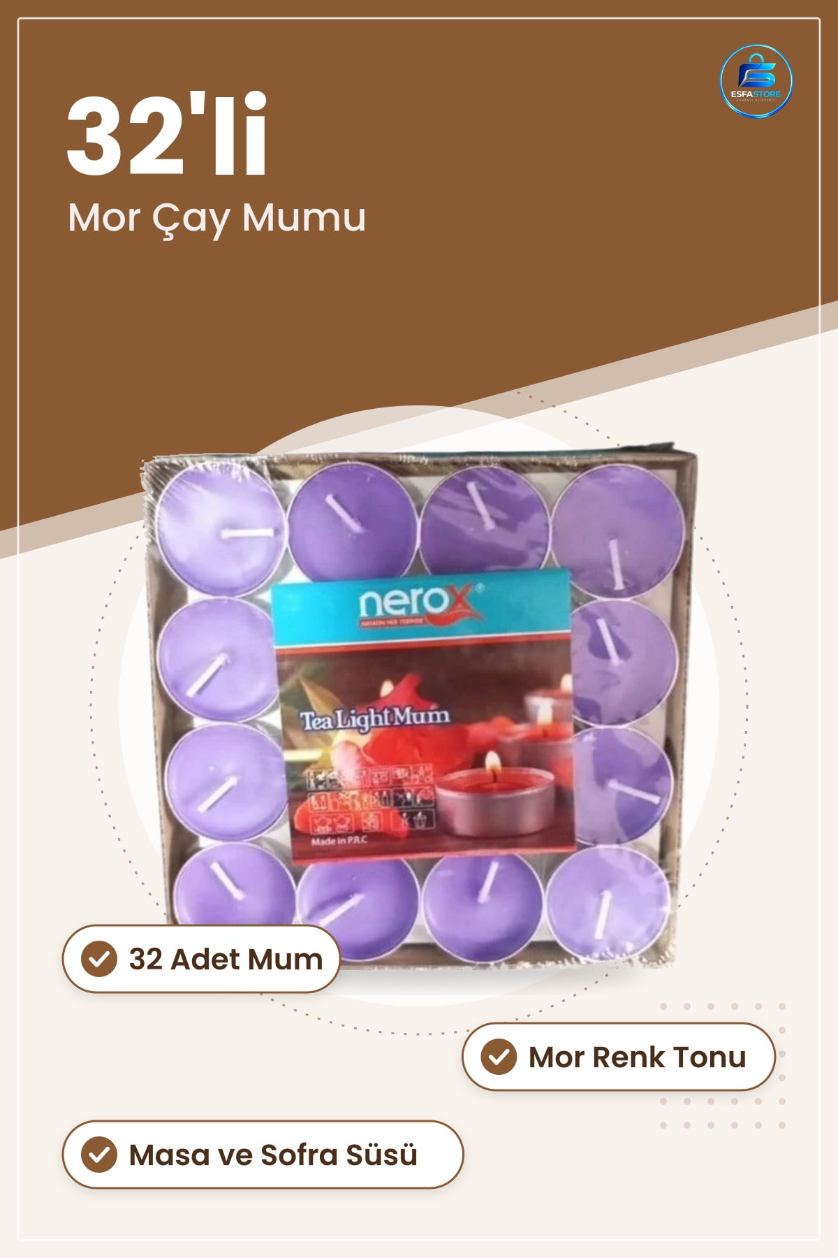 Tea Light Mum 32'li Mor Renk Dekoratif Çay Mumu Seti Ev Dekorasyonu Masa Süsü Kandil