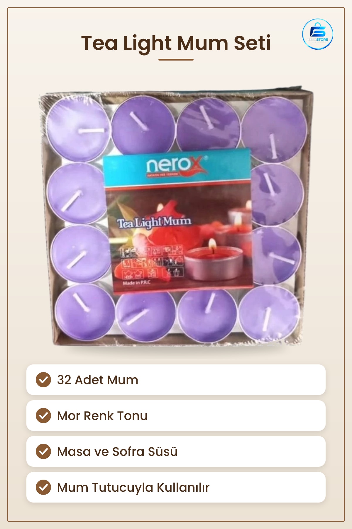 Tea Light Mum 32'li Mor Renk Dekoratif Çay Mumu Seti Ev Dekorasyonu Masa Süsü Kandil
