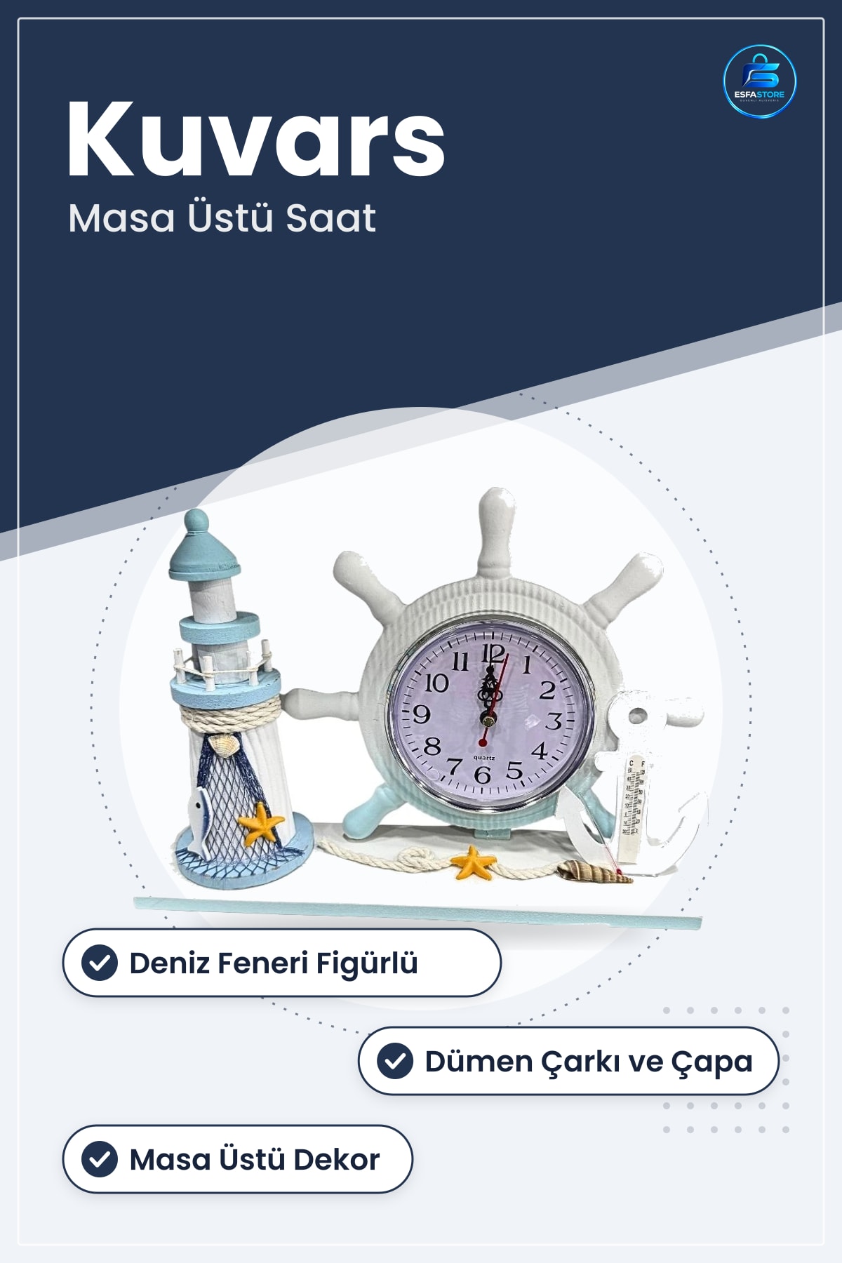 Ahşap Dekoratif Saat Masa Üstü Deniz Feneri Figürlü Dümen Çarklı Denizci Dekor Quartz