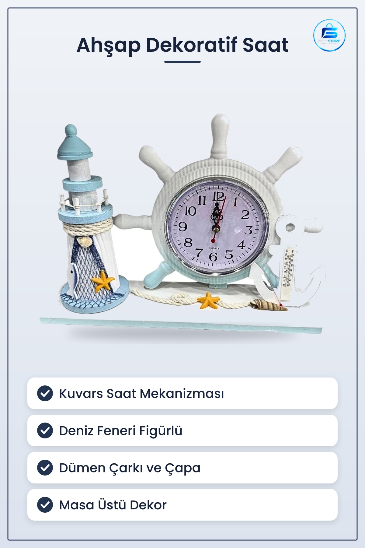 Ahşap Dekoratif Saat Masa Üstü Deniz Feneri Figürlü Dümen Çarklı Denizci Dekor Quartz