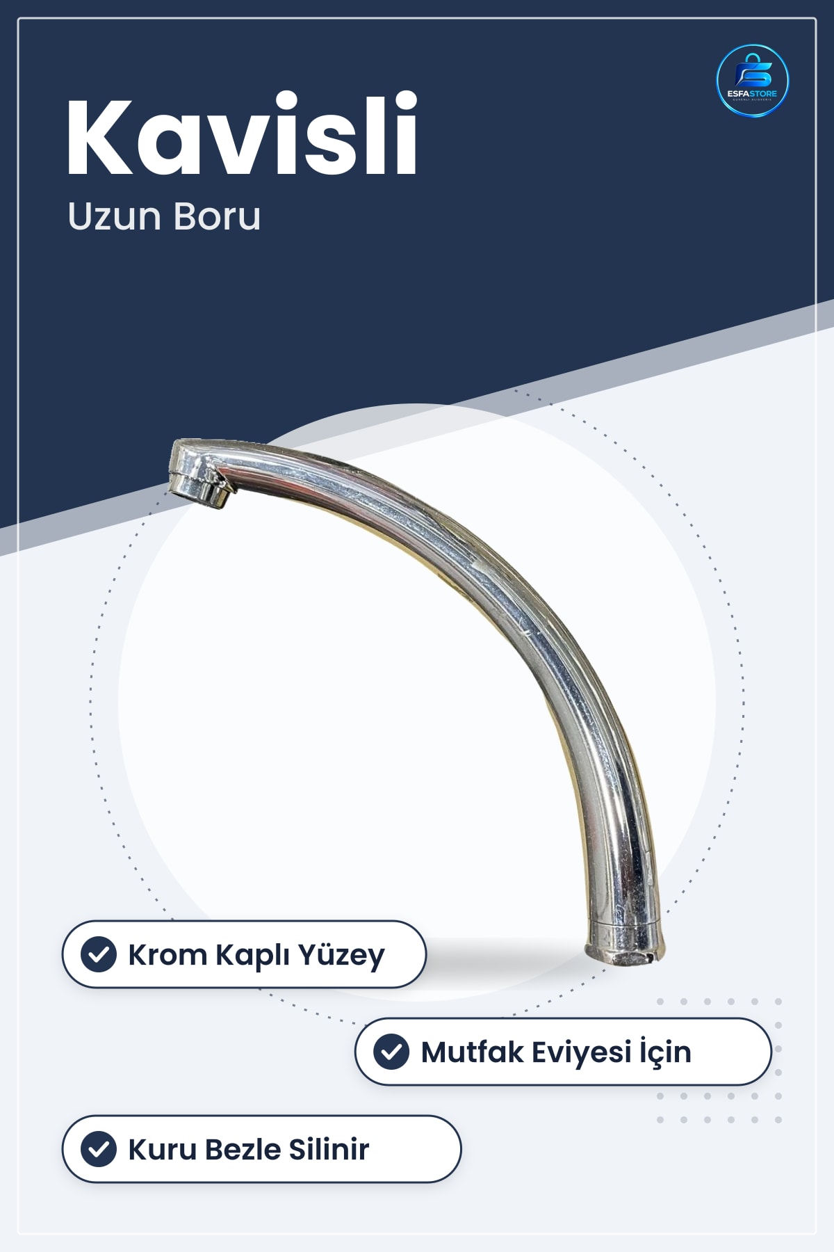 Krom Kavisli Uzun Boru Eviye Bataryası Çıkış Ağzı Mutfak Musluğu Gövdesi Parlak Yüzey