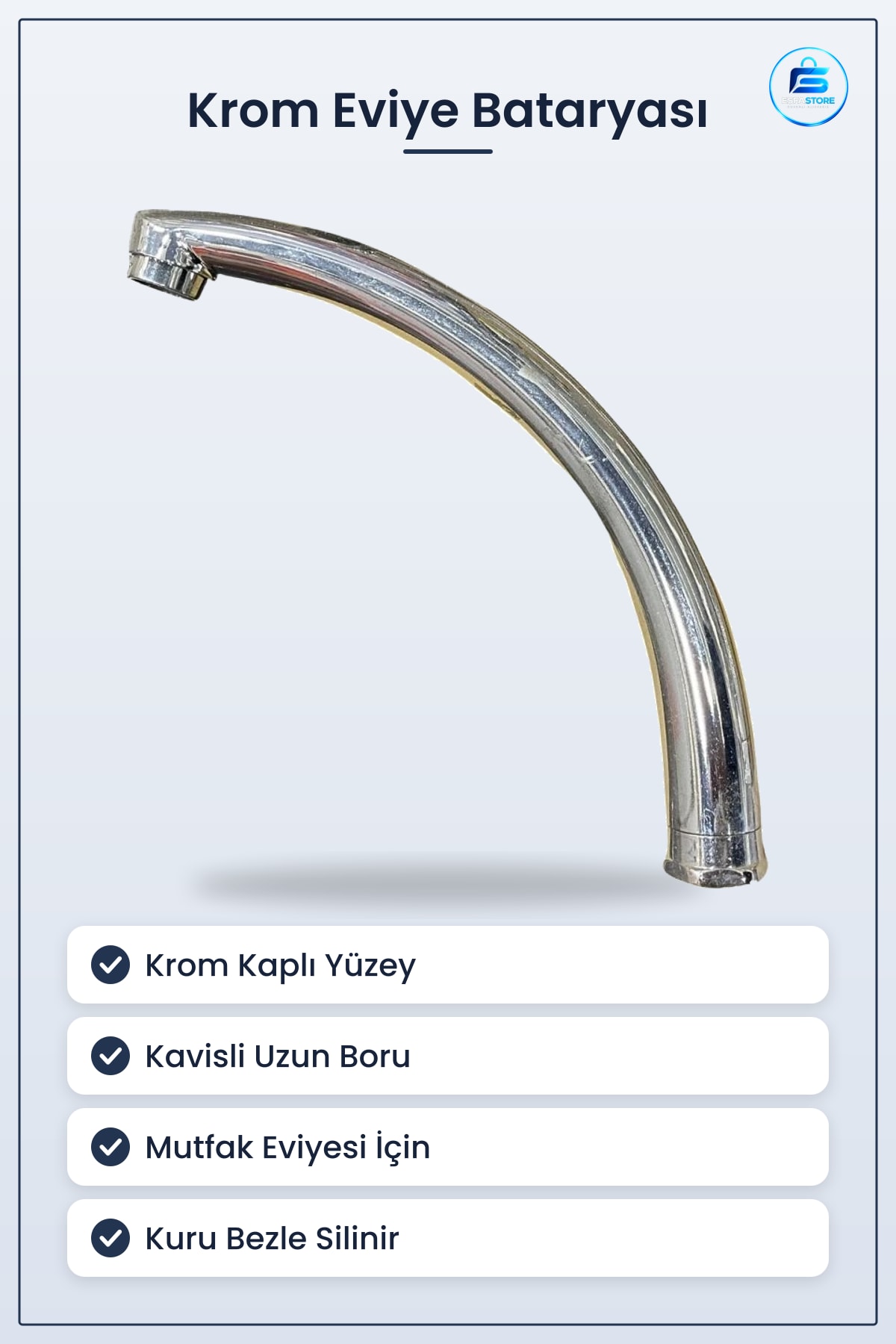 Krom Kavisli Uzun Boru Eviye Bataryası Çıkış Ağzı Mutfak Musluğu Gövdesi Parlak Yüzey