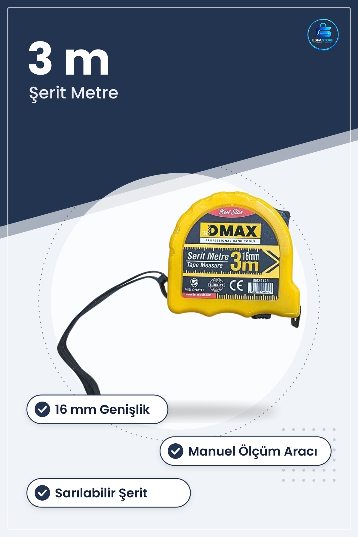 Şerit Metre 3 m 16 mm Genişlik Manuel Ölçüm Aracı Sarılabilir Mid Onaylı Hırdavat Aleti