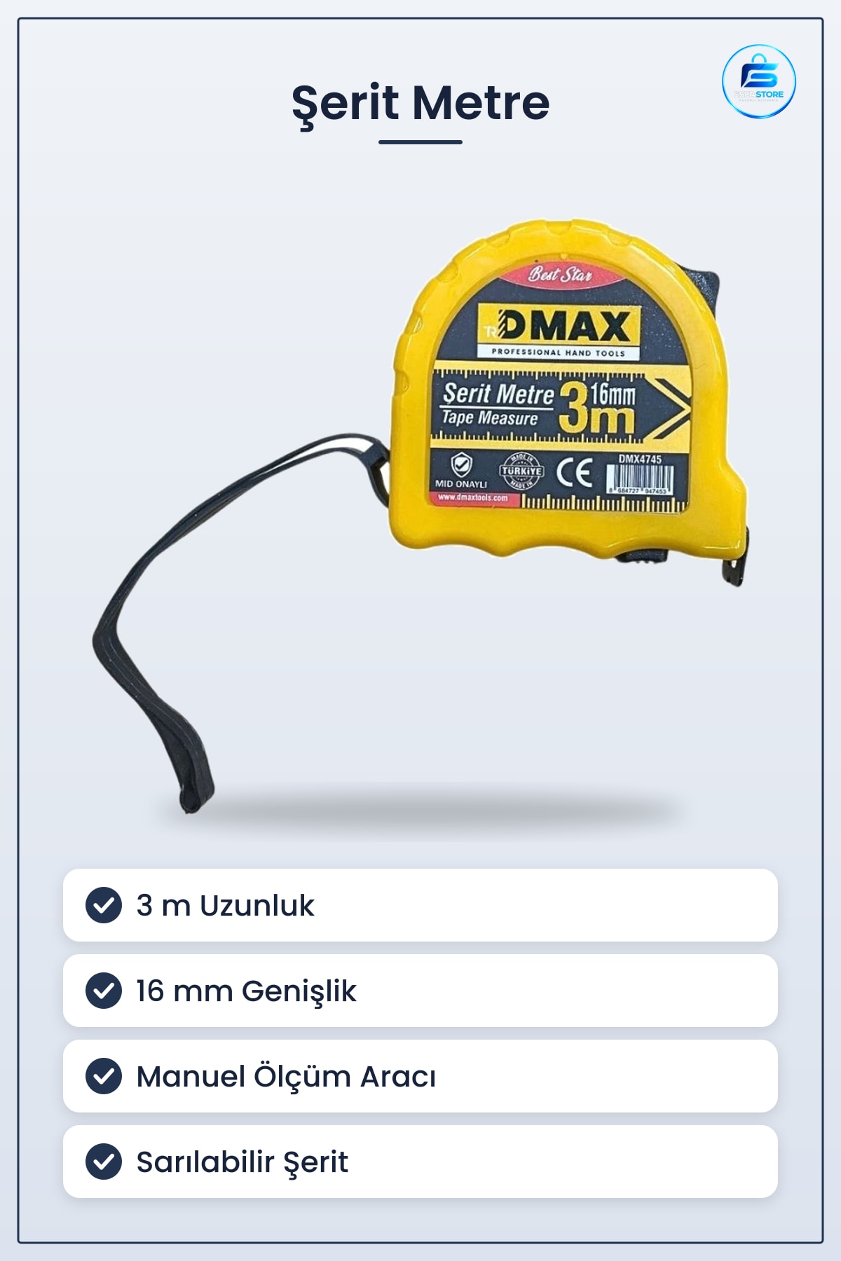 Şerit Metre 3 m 16 mm Genişlik Manuel Ölçüm Aracı Sarılabilir Mid Onaylı Hırdavat Aleti