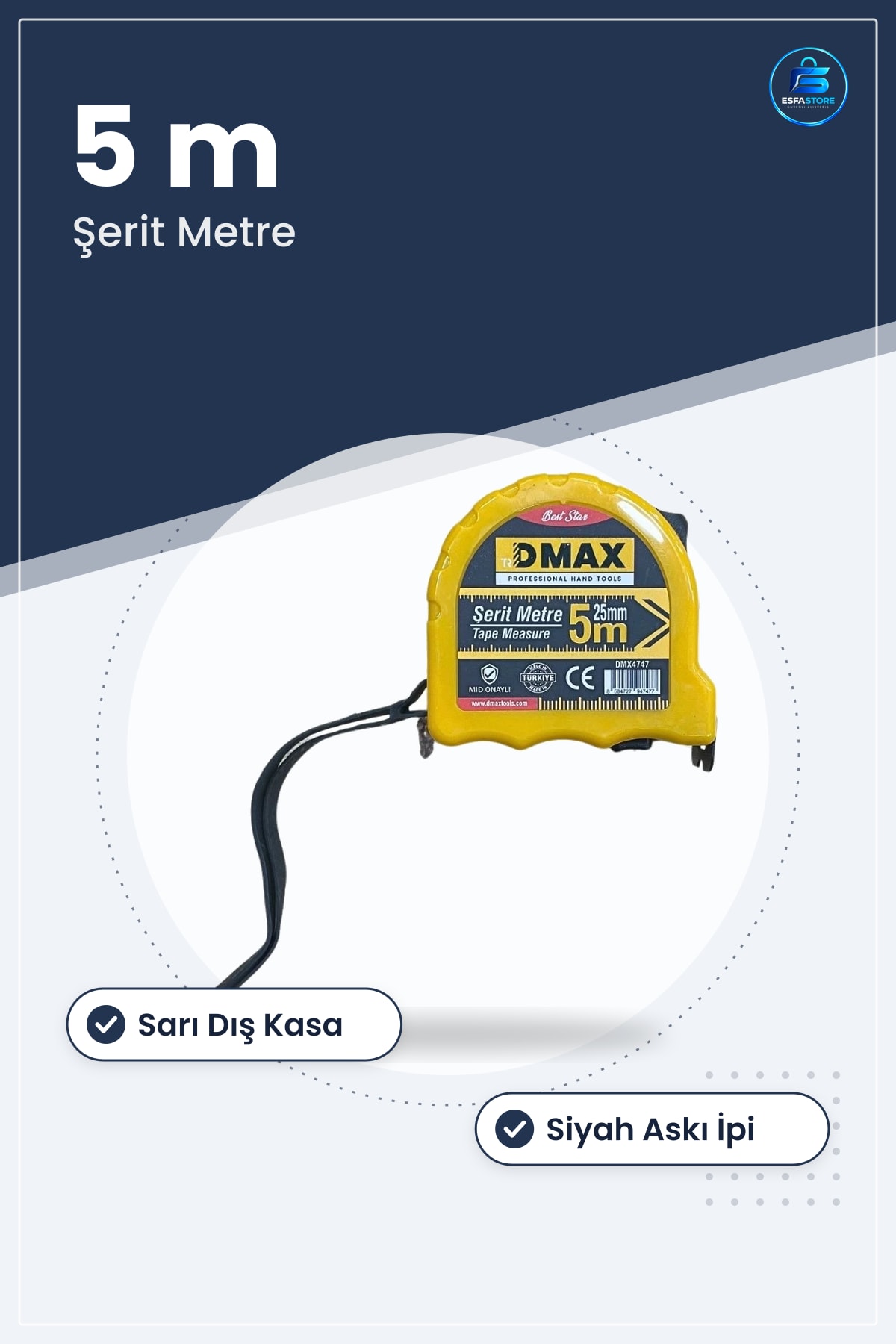Şerit Metre 5 m 25 mm Bant Genişlikli Manuel El Aleti Sarı Dış Kasa Askı İpli Ölçüm Aracı