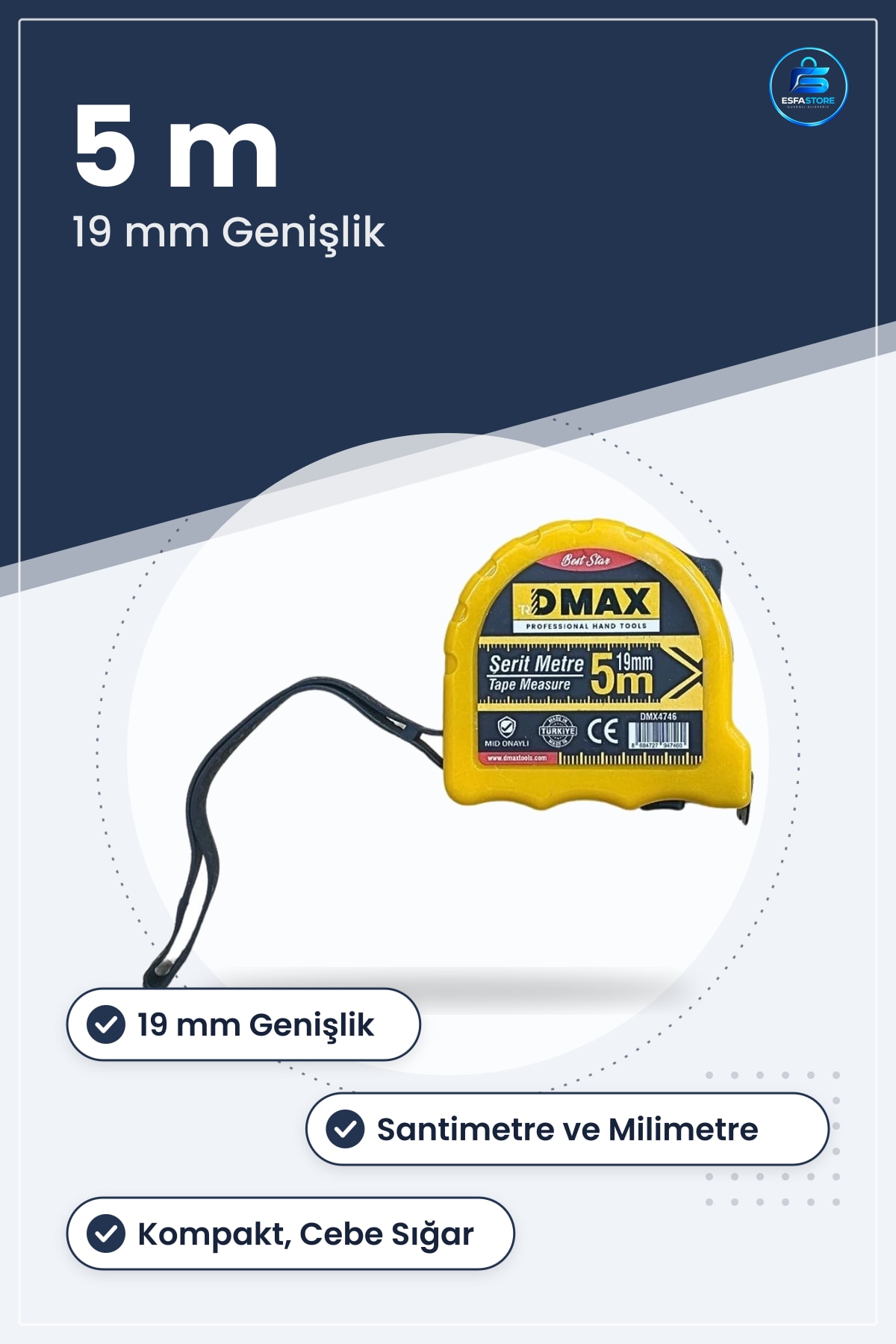 Şerit Metre 5 m 19 mm Santimetre ve Milimetre Ölçülü Kompakt Cebe Sığar Ölçüm Aleti
