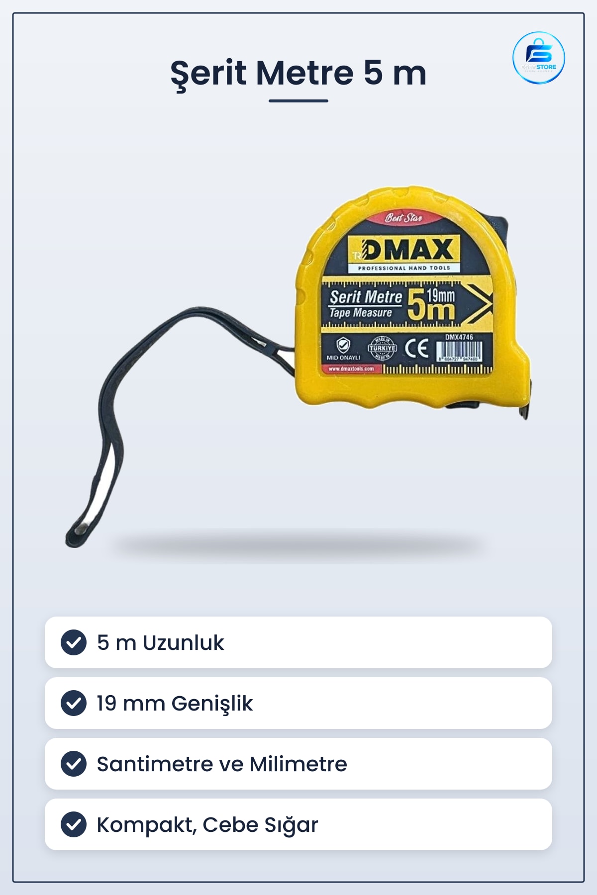 Şerit Metre 5 m 19 mm Santimetre ve Milimetre Ölçülü Kompakt Cebe Sığar Ölçüm Aleti