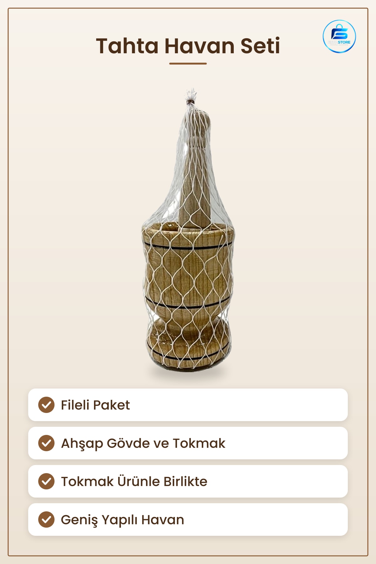 Büyük Tahta Havan Fileli Mutfak Baharat Ezme Tokmaklı Ahşap Yemek Hazırlık Aracı Ev Gereci