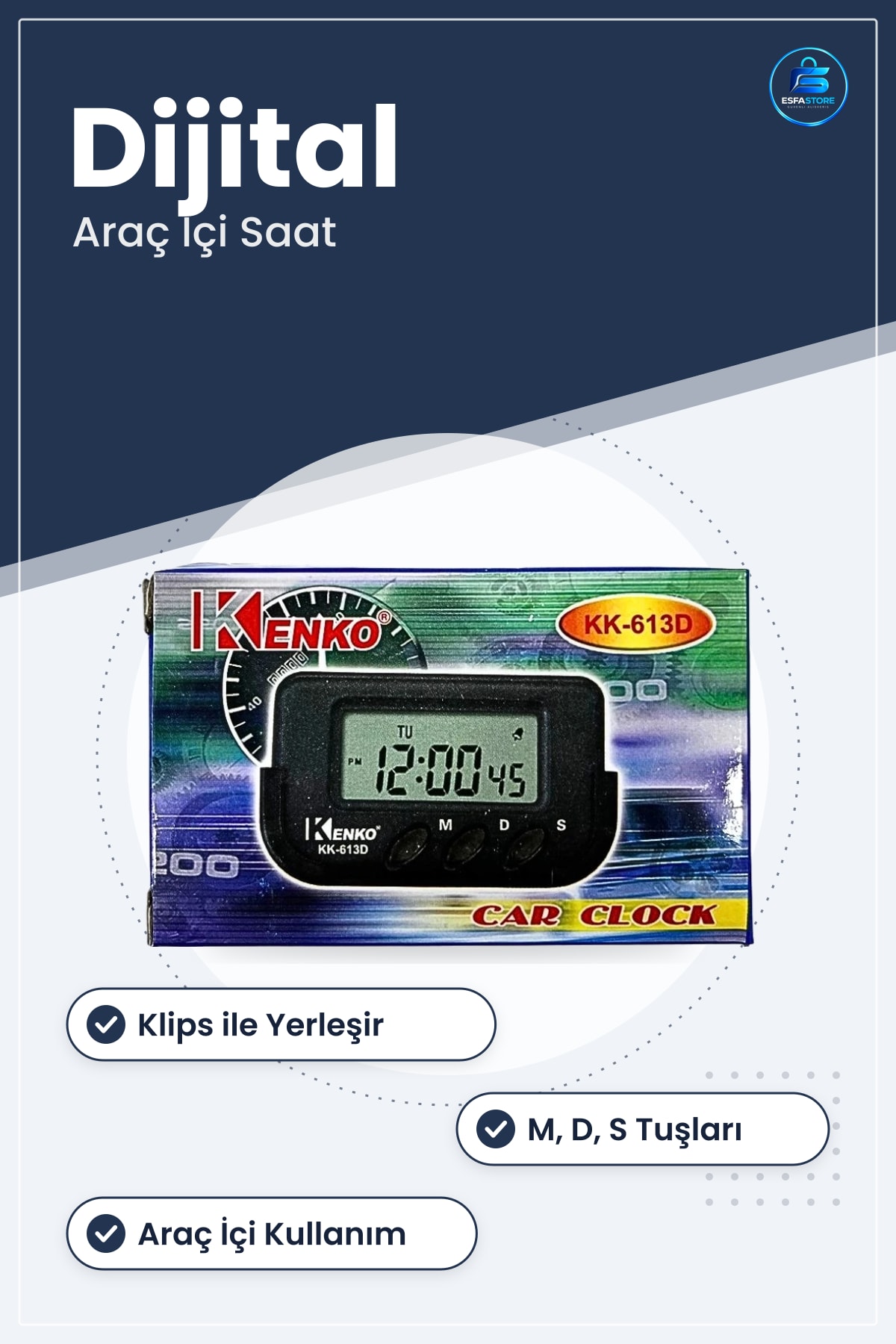 Oto Saati Dijital Araç İçi Klipli Aksesuar KK 613D Tuşlu Göstergeli Saat Kolay Kullanım