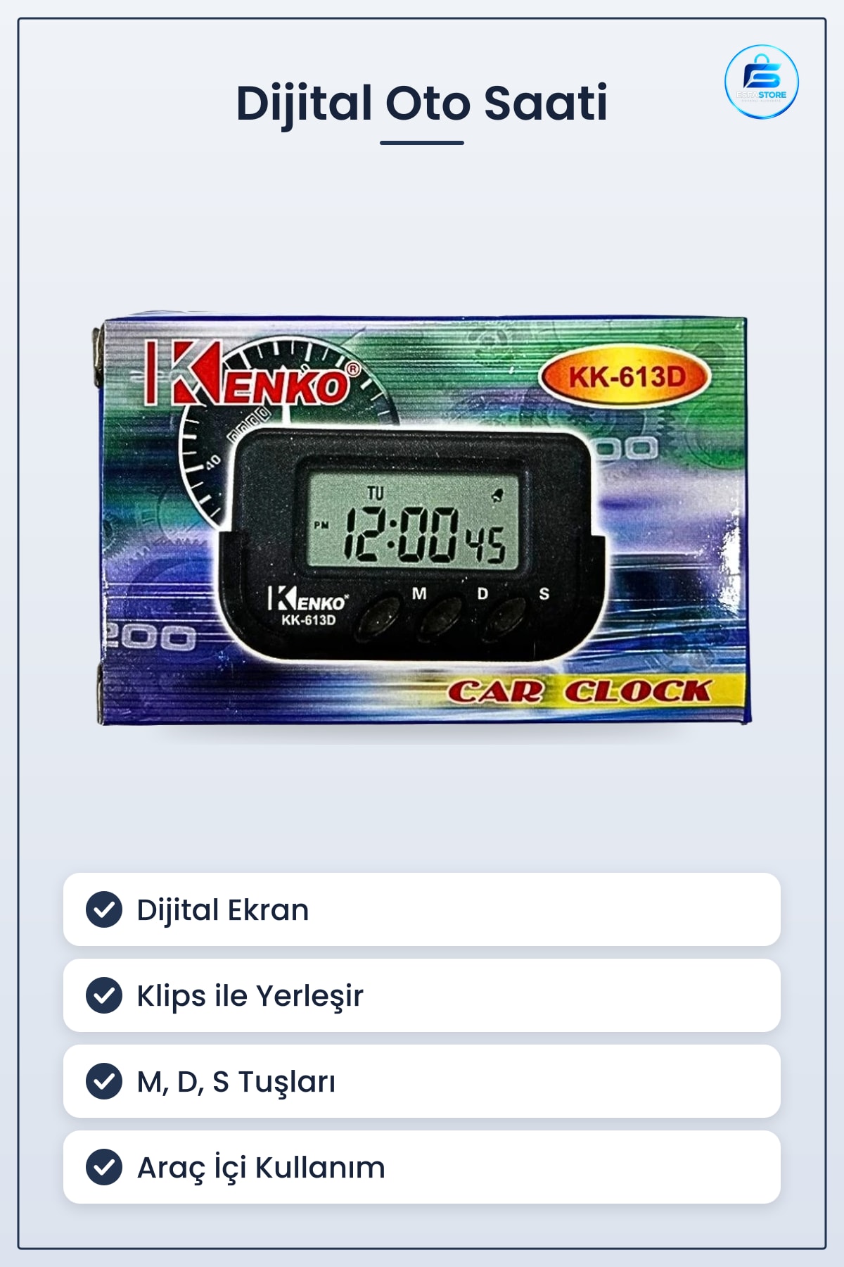 Oto Saati Dijital Araç İçi Klipli Aksesuar KK 613D Tuşlu Göstergeli Saat Kolay Kullanım