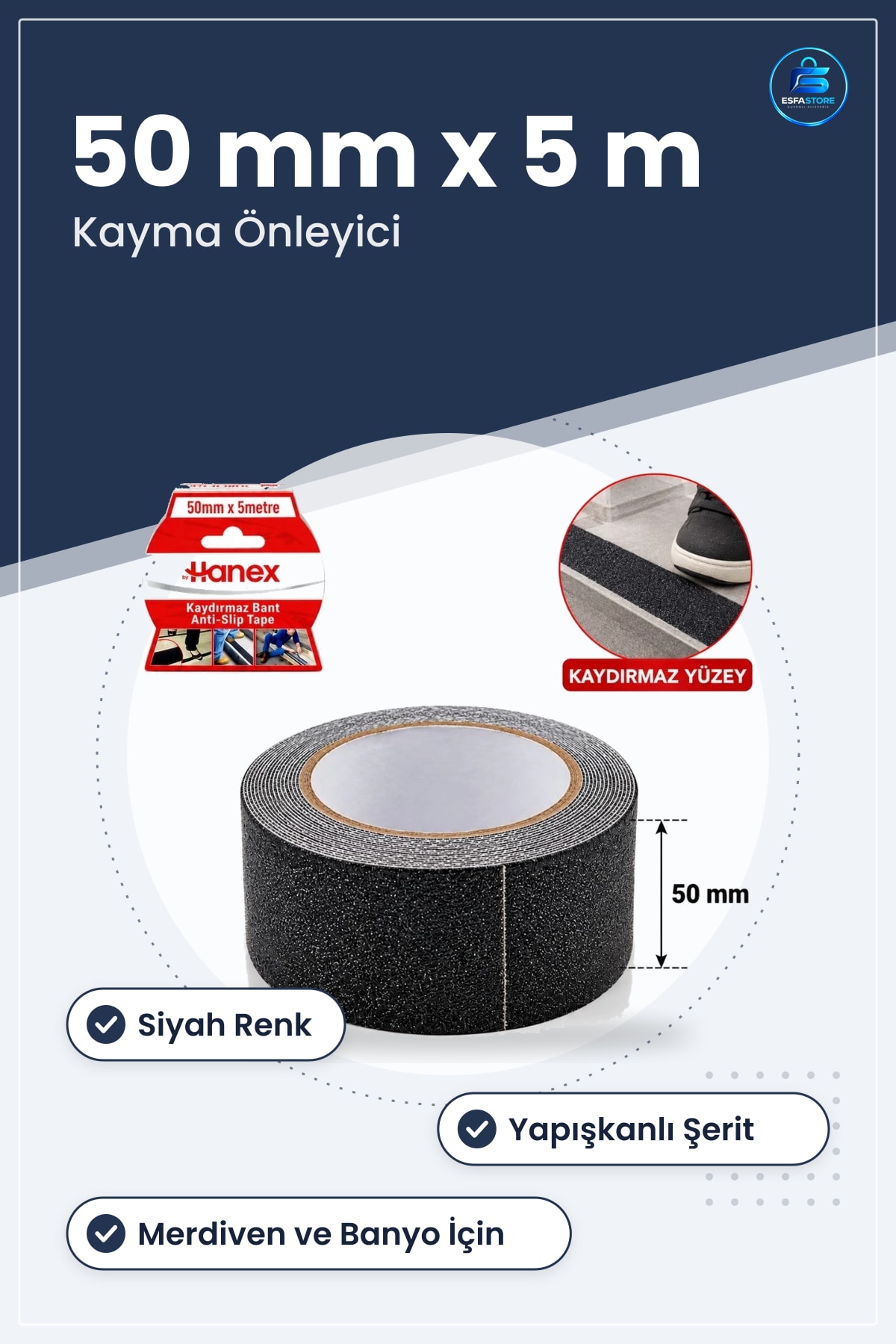 Kaydırmaz Bant Siyah 50 mm x 5 m Merdiven Basamak Banyo Duş Kayma Önleyici Yapışkanlı Şerit