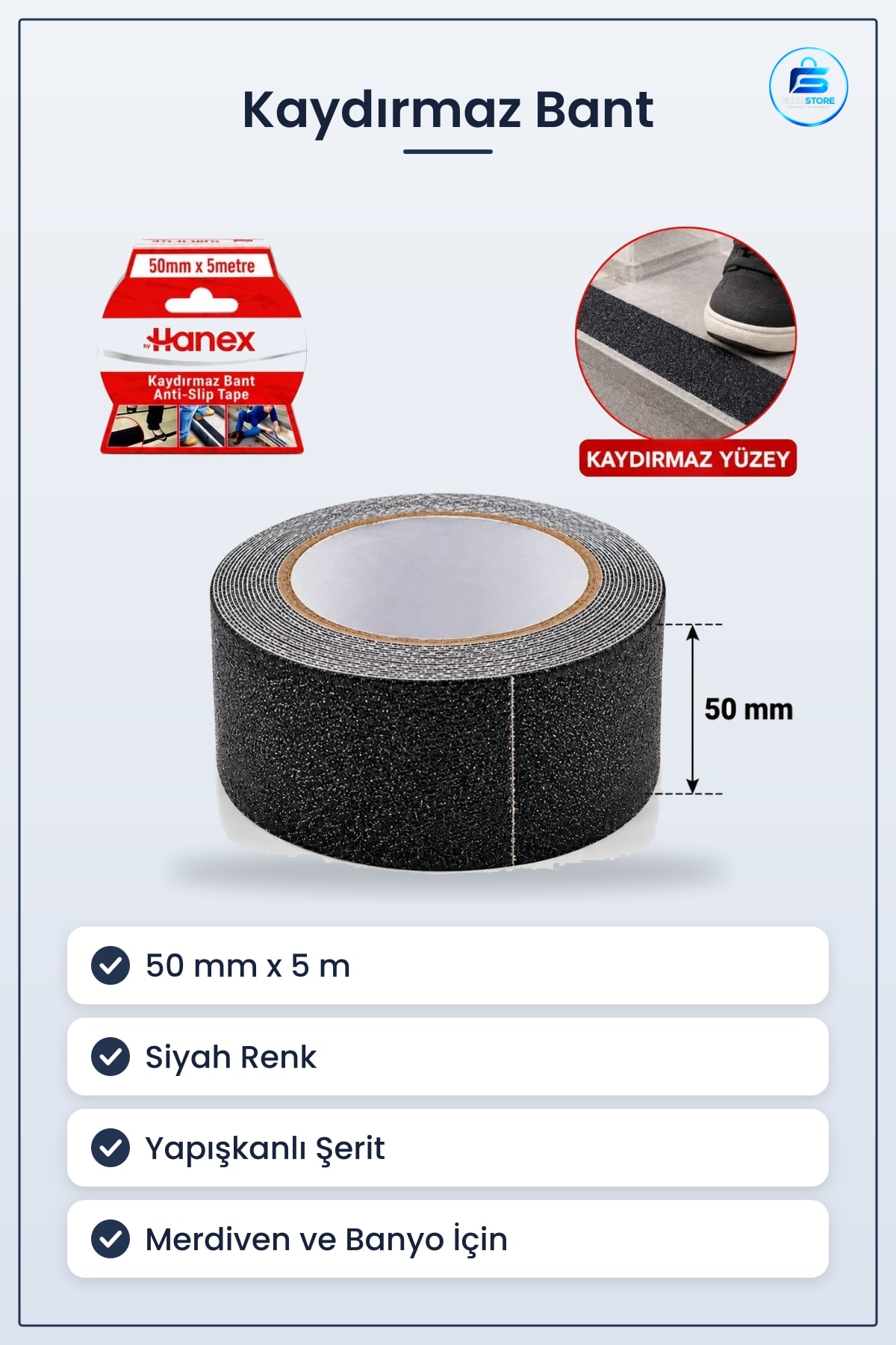Kaydırmaz Bant Siyah 50 mm x 5 m Merdiven Basamak Banyo Duş Kayma Önleyici Yapışkanlı Şerit