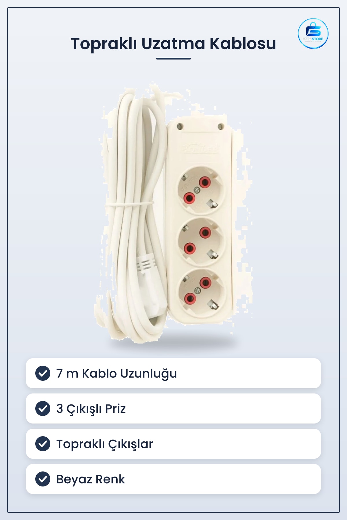 Düz Priz 7 m 3 Çıkışlı Topraklı Grup Uzatma Kablosu Beyaz Ev Ofis Mutfak Elektrik