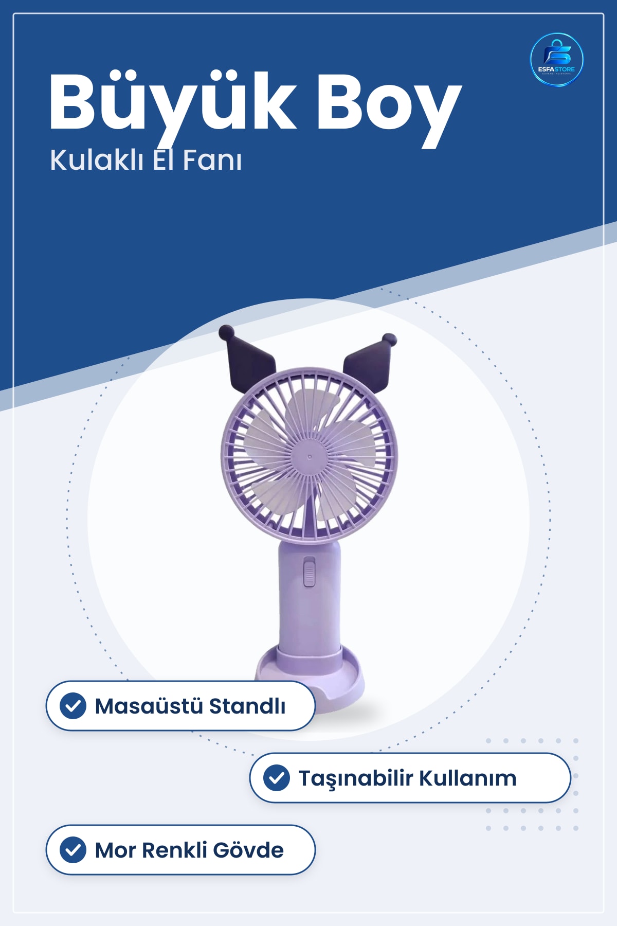 Vantilatör Kulaklı Büyük El Fanı Taşınabilir Masaüstü Standlı Mor Ev Ofis Yaz Serinliği