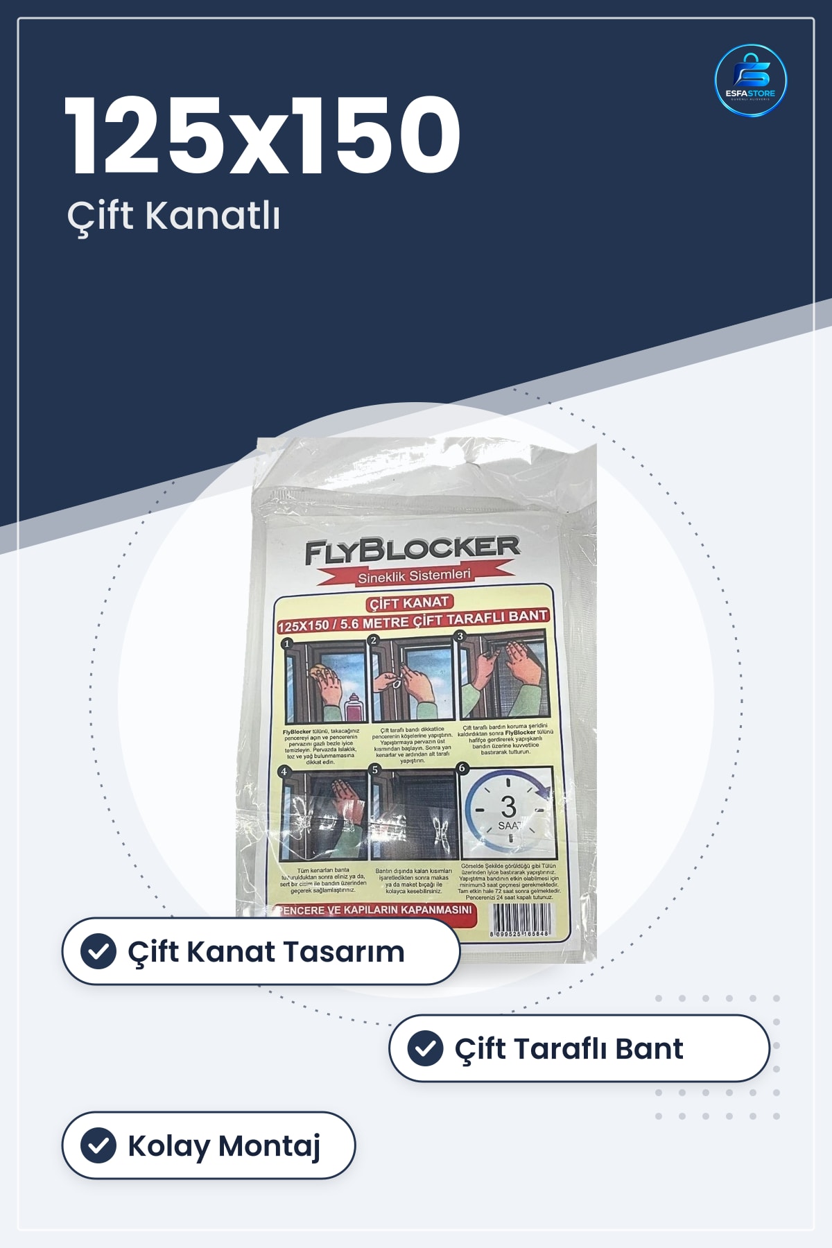 Çift Kanat Pencere Sinek Perdesi Sineklik Taraflı Bantlı 125x150 Cm Kolay Montaj