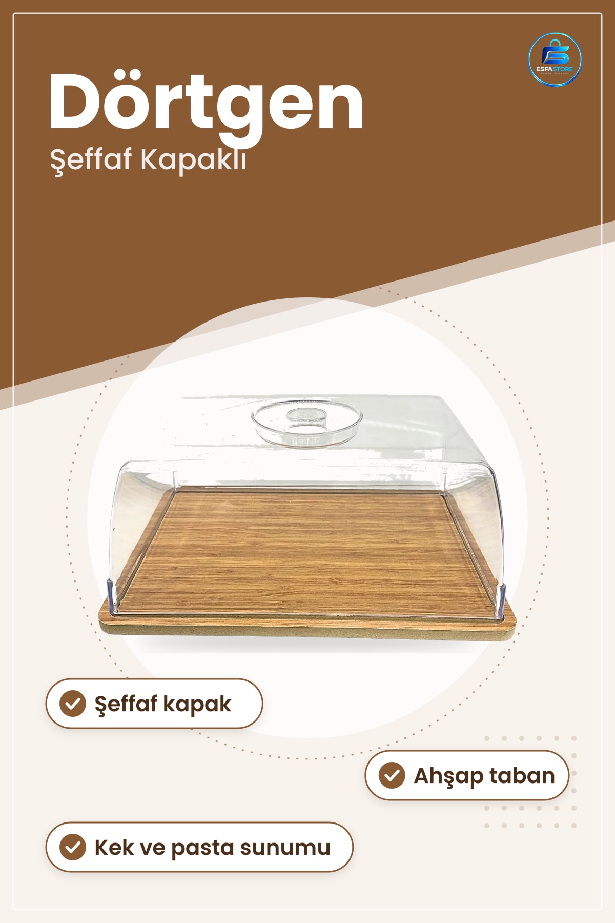 Ahşap Kek Fanusu Dörtgen Tepsi Şeffaf Kapaklı Pasta Sunum Mutfak Ev Dekoratif Servis