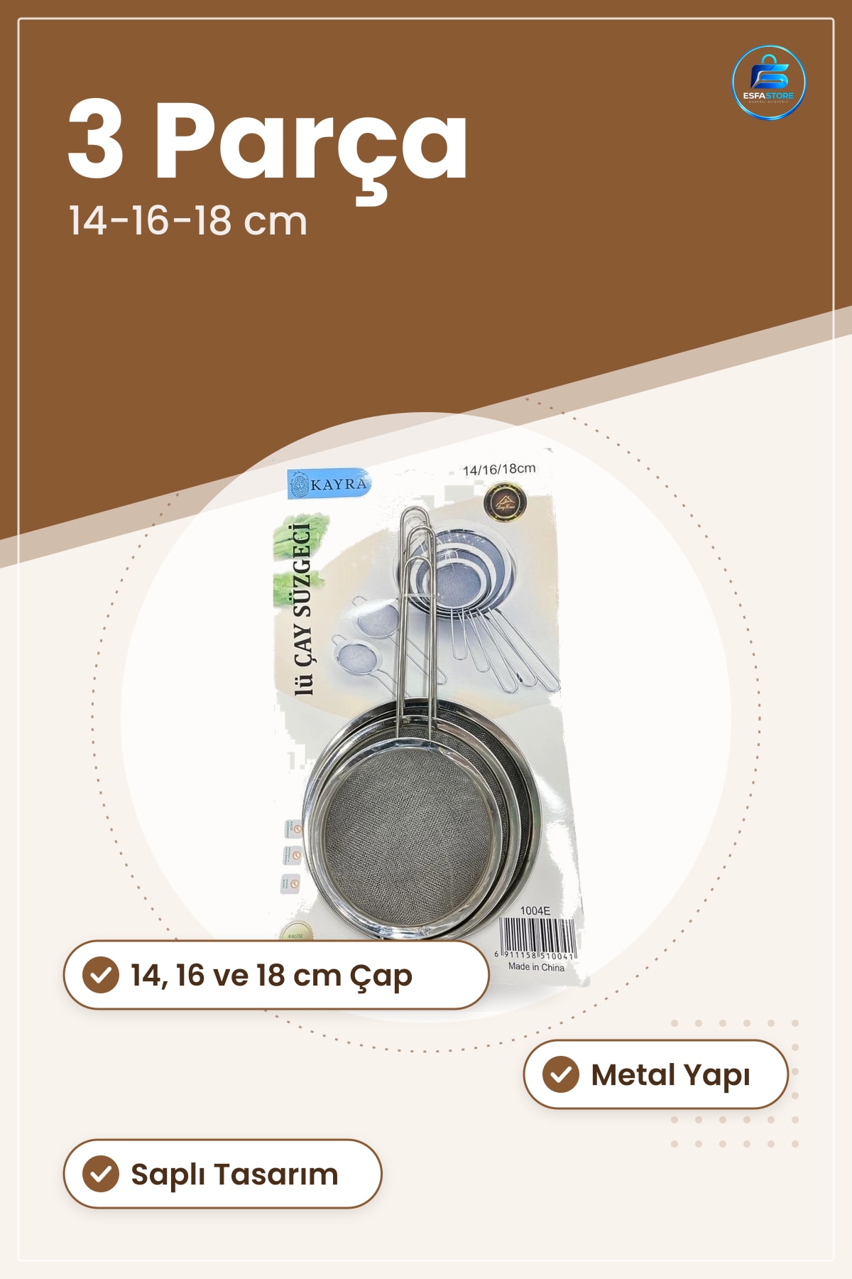 3 Parça Metal Süzgeç Seti /18 cm Mutfak İçin Çay Süzgeci Yemek Hazırlık Sofra Aksesuarı