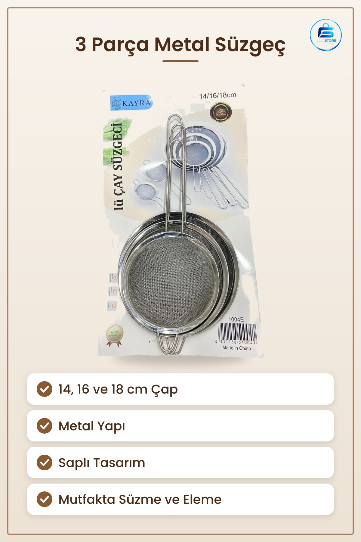 3 Parça Metal Süzgeç Seti /18 cm Mutfak İçin Çay Süzgeci Yemek Hazırlık Sofra Aksesuarı
