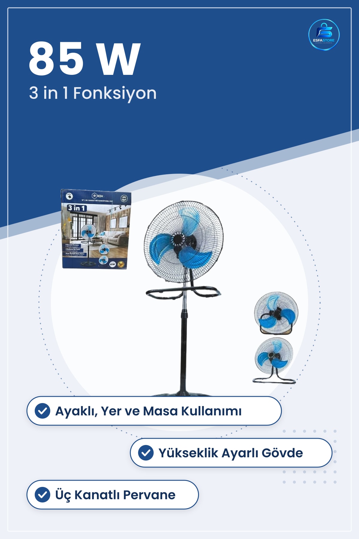 Vantilatör 3 in 1 85 W Üç Kanatlı Ayaklı Yer ve Masa Kullanımı Sanayi Tipi Ev Ofis Serinletici