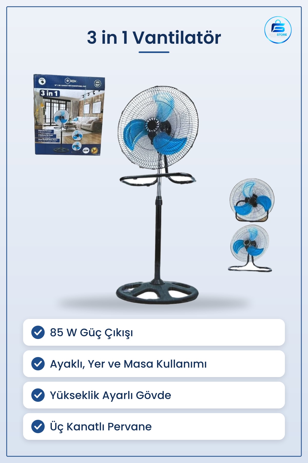 Vantilatör 3 in 1 85 W Üç Kanatlı Ayaklı Yer ve Masa Kullanımı Sanayi Tipi Ev Ofis Serinletici
