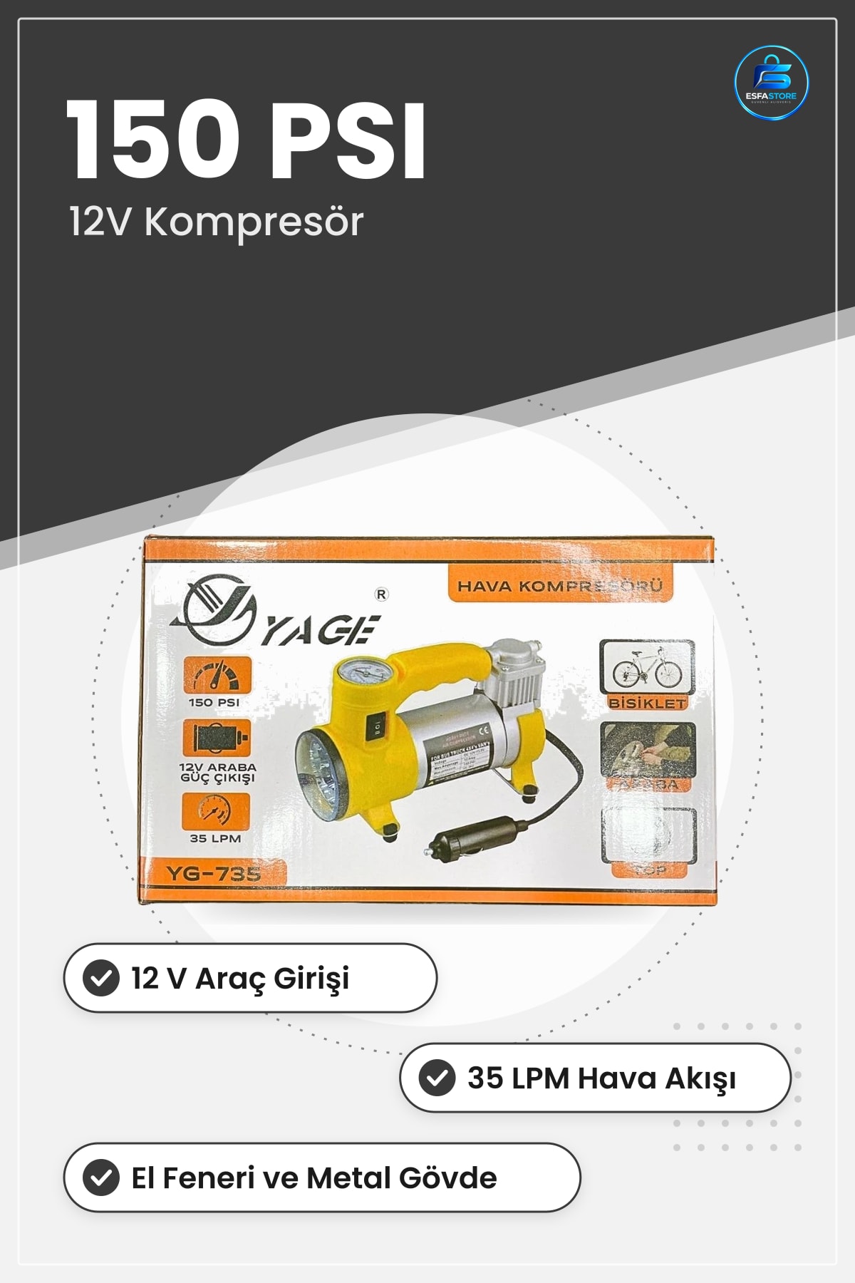 Hava Kompresörü El Fenerli Metal 12V PSI Araç Lastik Şişirme Oto Acil Durum Taşınabilir