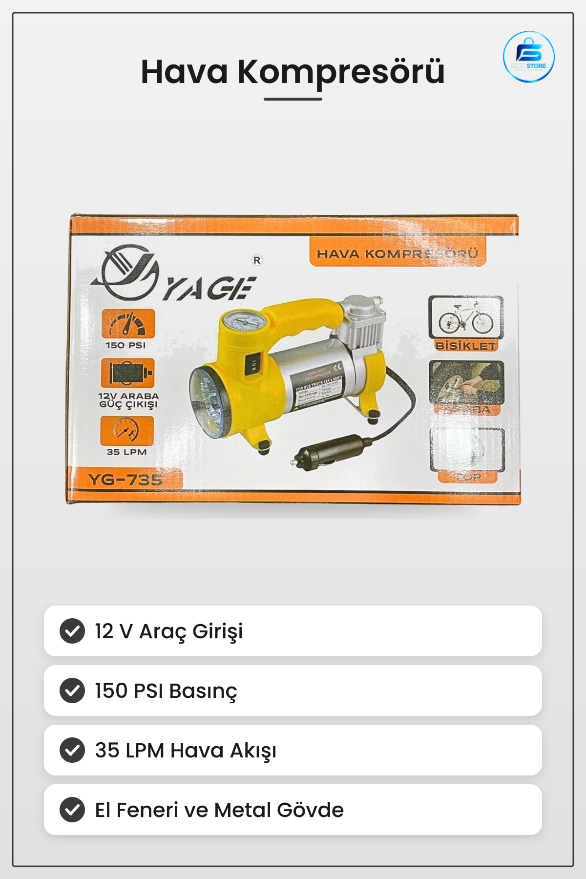 Hava Kompresörü El Fenerli Metal 12V PSI Araç Lastik Şişirme Oto Acil Durum Taşınabilir