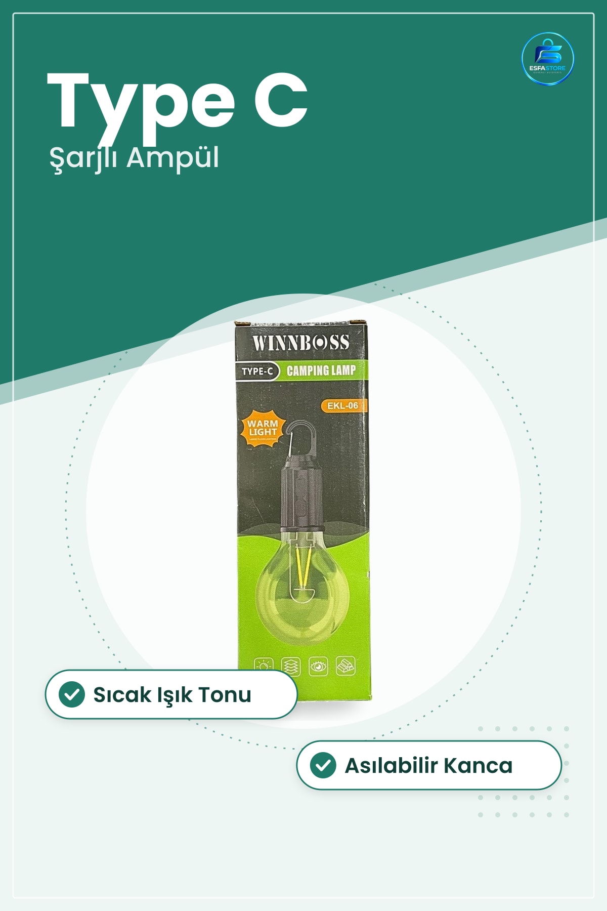 Kamp Lambaı Şarjlı Ampül Type C Sıcak Işık Asılabilir Taşınabilir Aydınlatma Çadr Bahçe