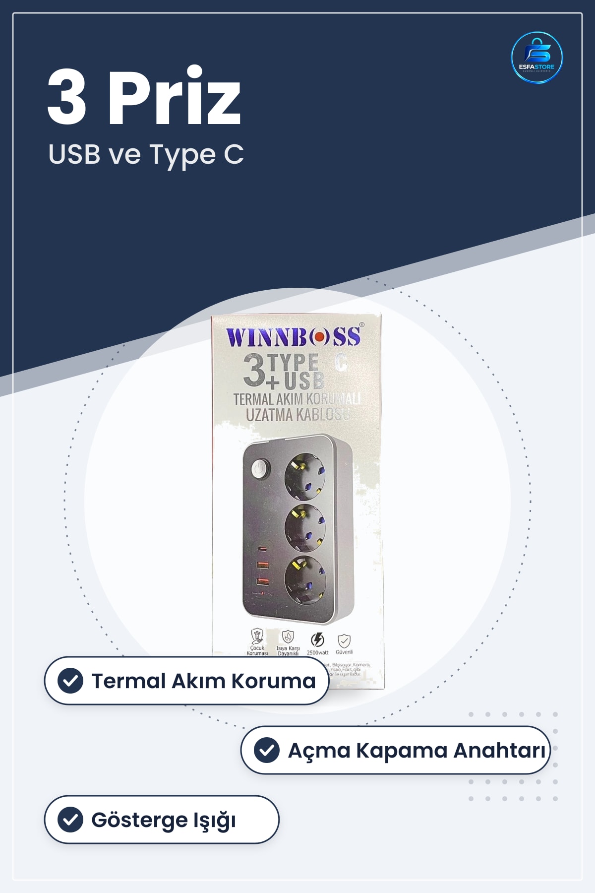 3 Prizli USB Çıkışlı Termal Akım Korumalı Priz Uzatma Kablosu Type C Çoklu Ev Ofis Kullanım