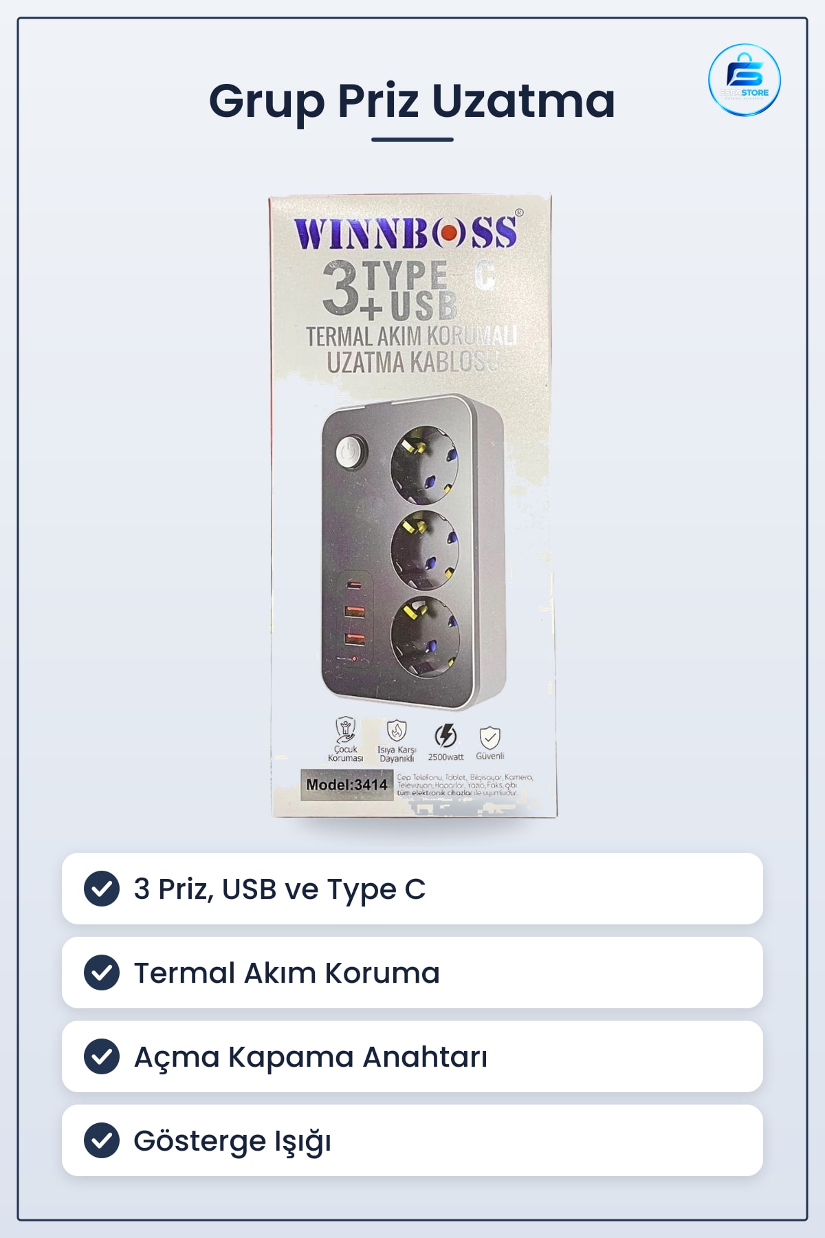 3 Prizli USB Çıkışlı Termal Akım Korumalı Priz Uzatma Kablosu Type C Çoklu Ev Ofis Kullanım