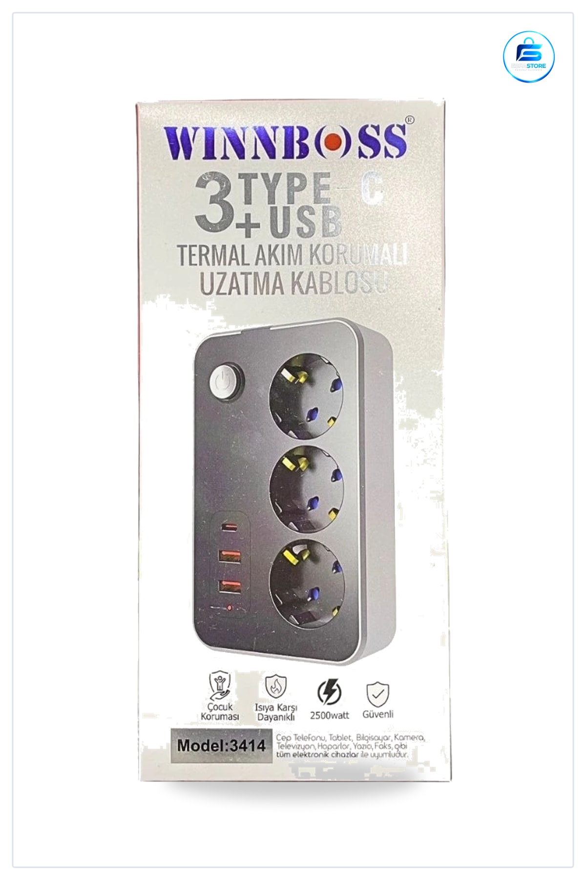 3 Prizli USB Çıkışlı Termal Akım Korumalı Priz Uzatma Kablosu Type C Çoklu Ev Ofis Kullanım