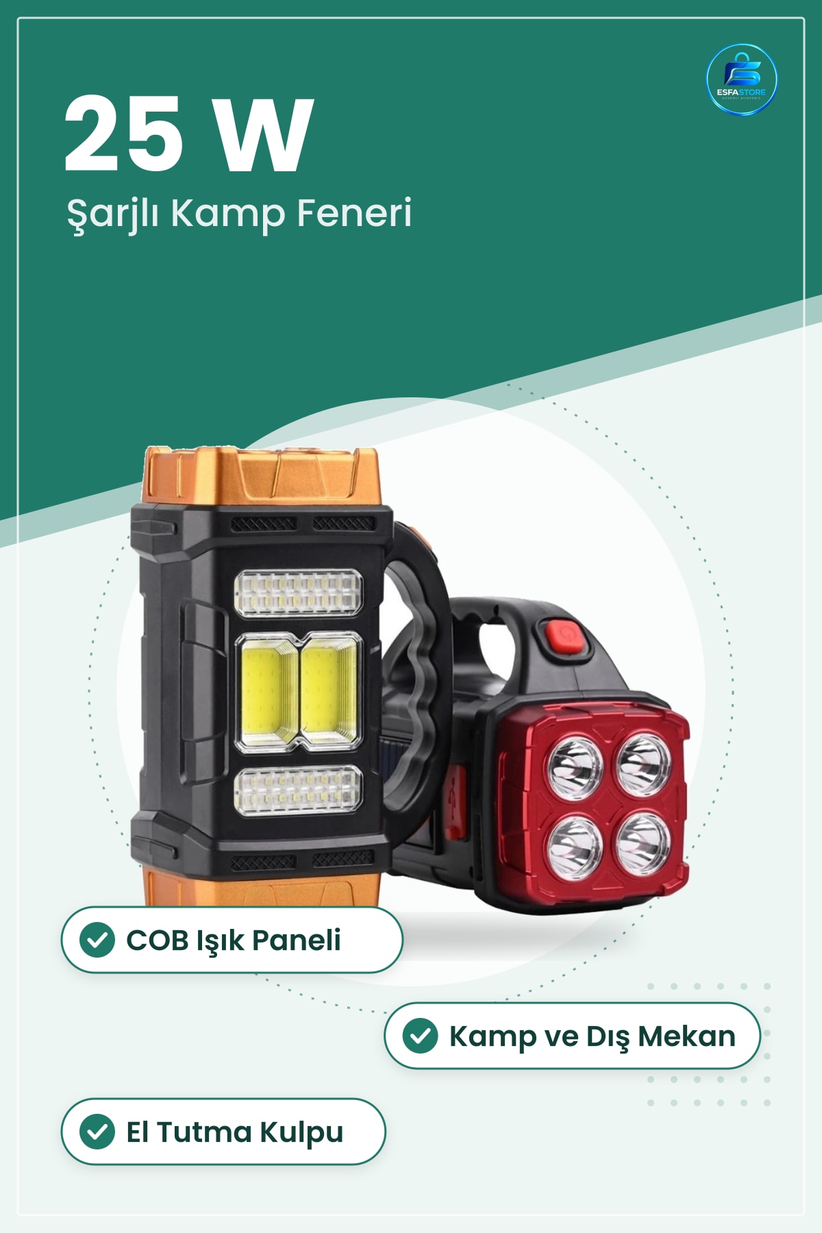 El Feneri Şarjlı 25 W Taşınabilir Kamp Aydınlatma COB Işıklı Çalışma Lambası Outdoor