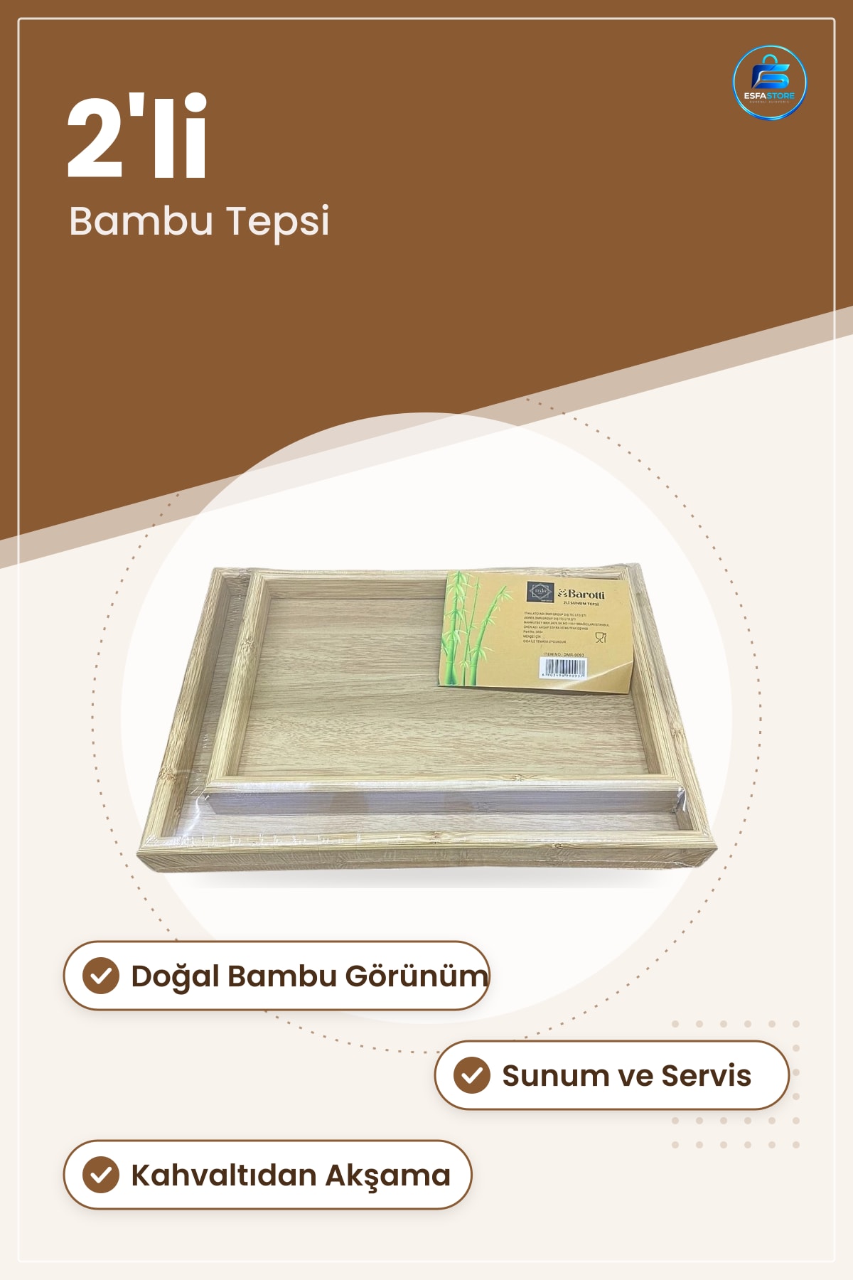 Bambu Tepsi 2'li Sunum Tepsisi Doğal Görünümlü Mutfak Servis Sofra Dekoru Şık Dokunuş