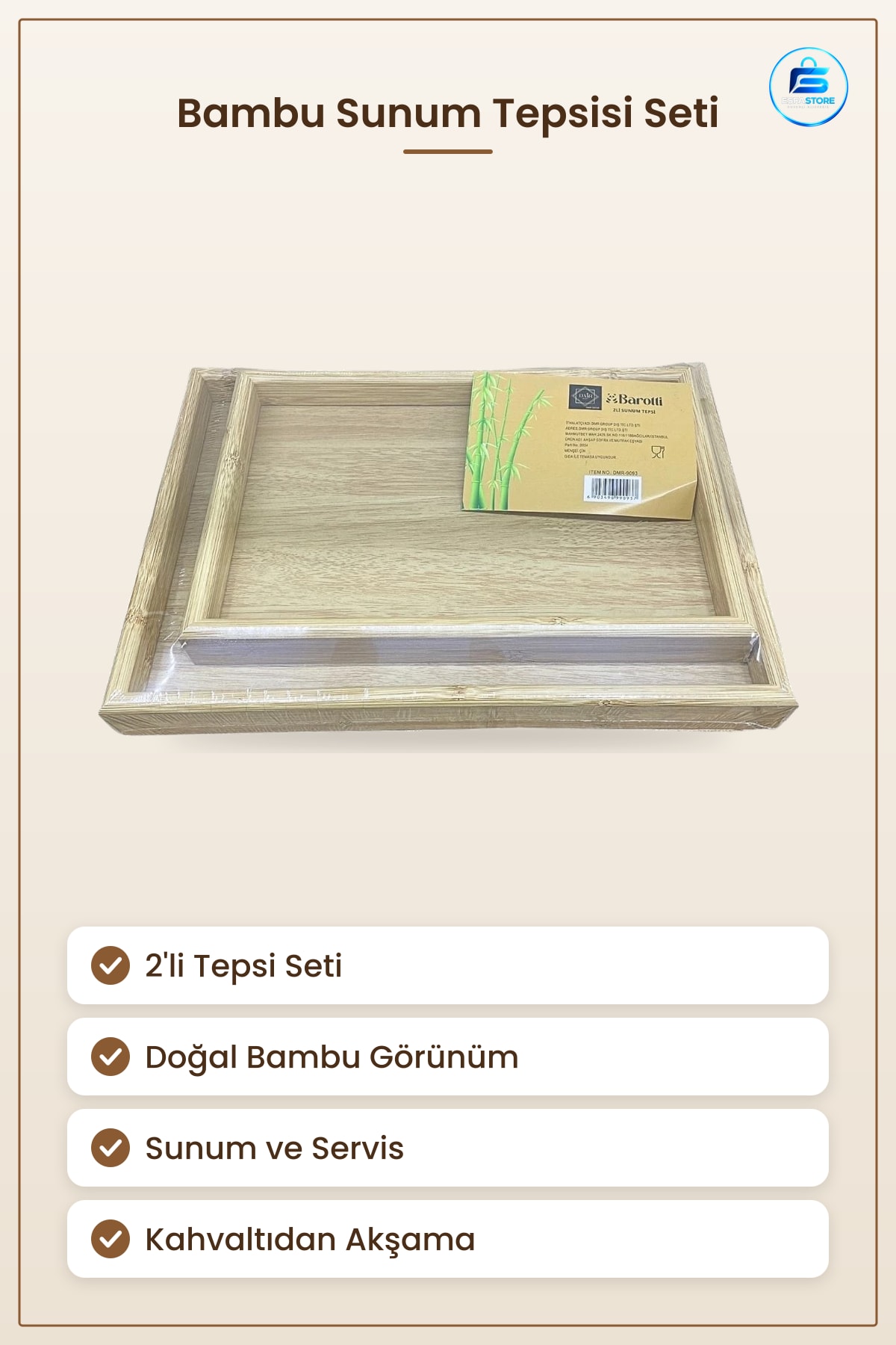 Bambu Tepsi 2'li Sunum Tepsisi Doğal Görünümlü Mutfak Servis Sofra Dekoru Şık Dokunuş