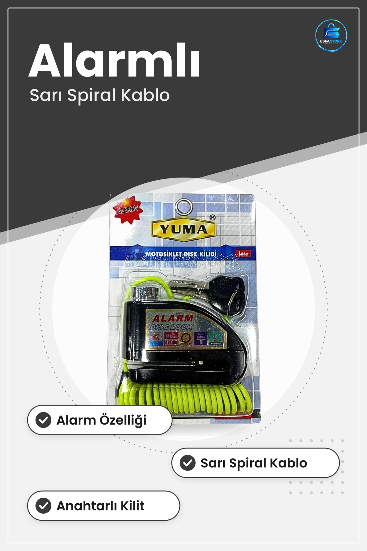 Motosiklet Disk Kilidi Alarmlı Sarı Kablolu Güvenlik Kilit Ekipmanı Park Halinde Koruma